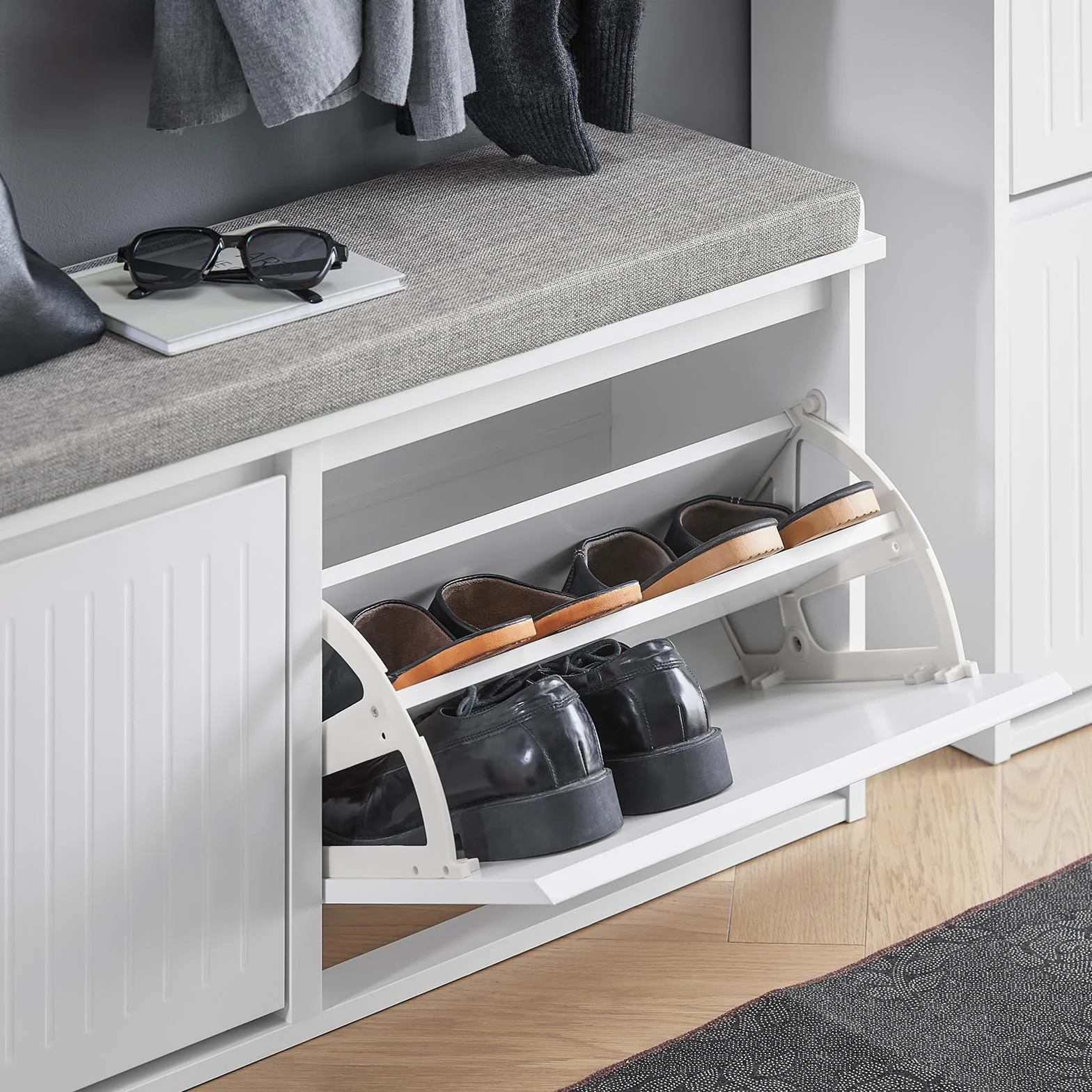 SoBuy Panca Scarpiera da Ingresso Salvaspazio Slim in Legno, 100x26x46cm, Bianco, FSR98-XL-W