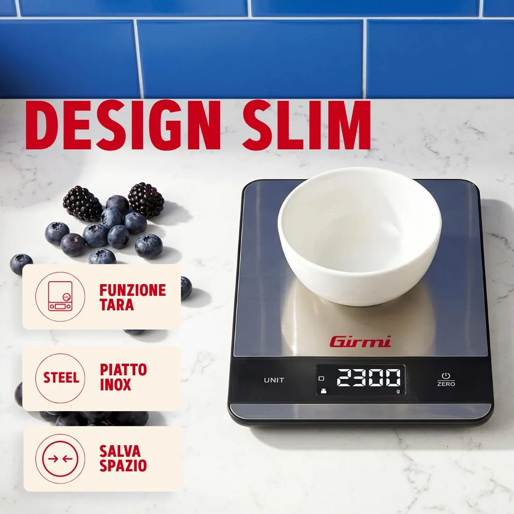 Girmi PS05 Bilancia da cucina Elettronica, 1 gr/5Kg, Piatto Inox, Display ad alta luminosità, Autospegnimento, Funzione TARA, Indicatori di errore, Display 50 x 22, Appendibile, Grigio