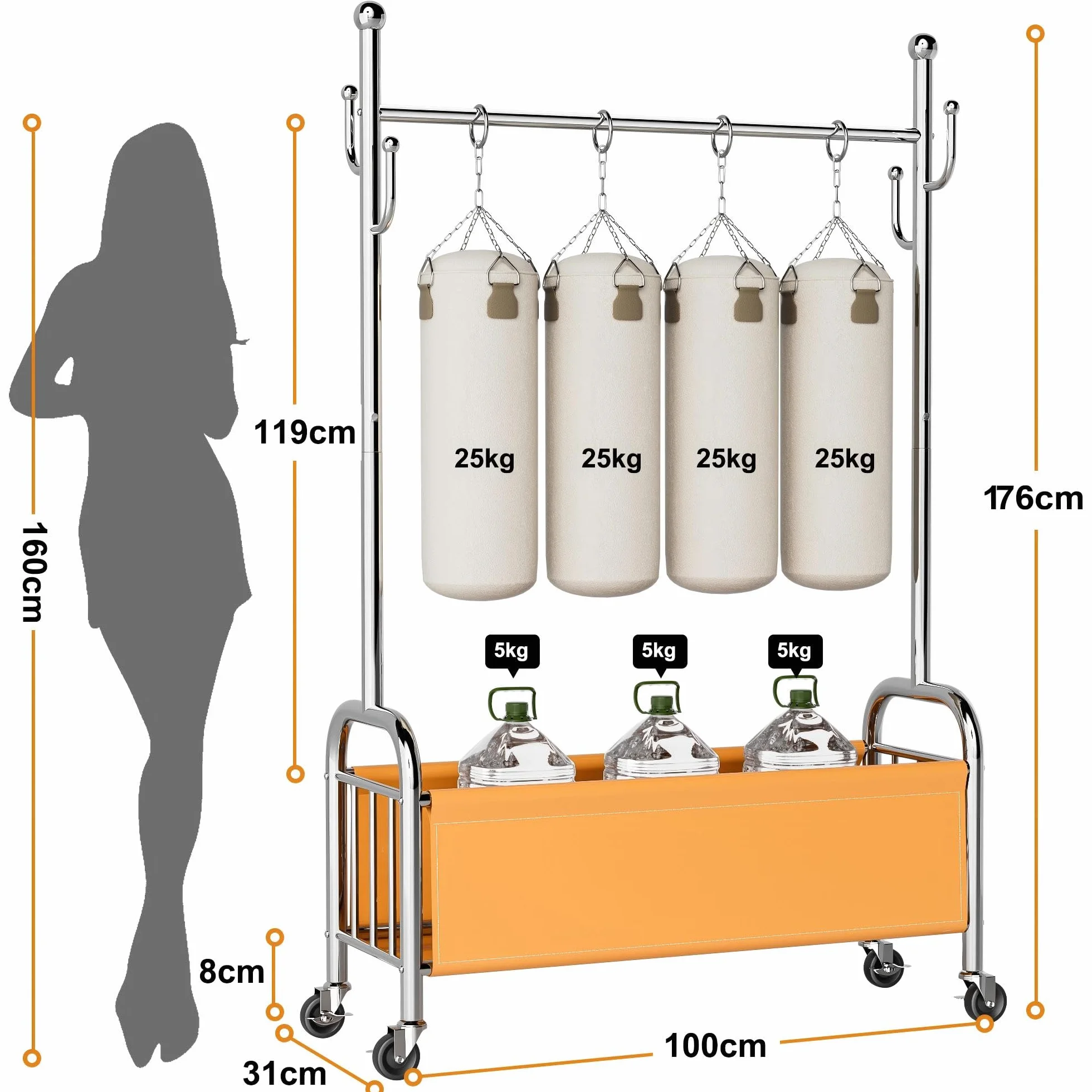 Appendiabiti da Terra in Acciaio Inox con Ruote, 3 in 1, Portata 115 kg