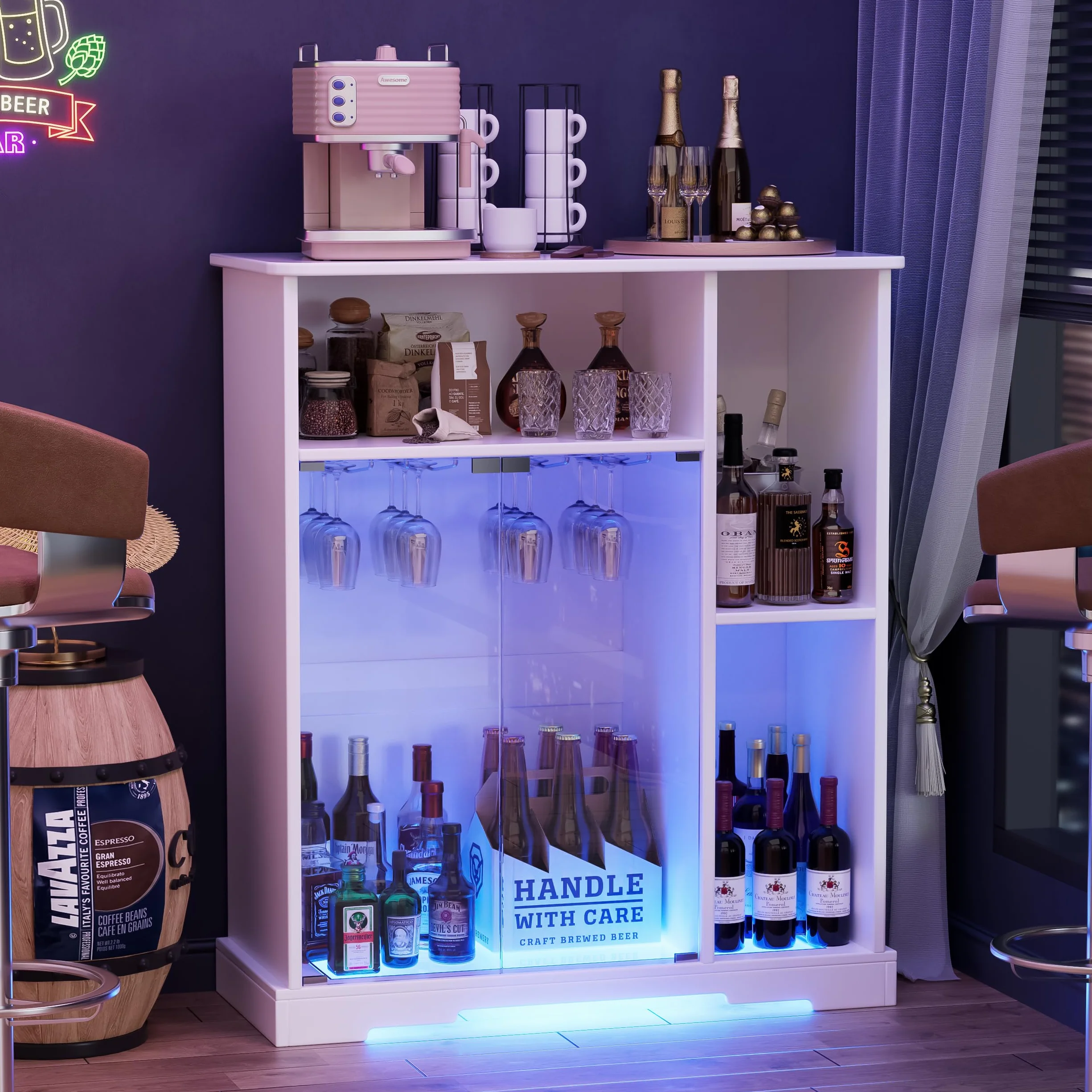 MSFE Mobile Porta Vino e Amari,Armadietto per Vino con Luce a LED,Buffet in Legno,Credenza con Portabicchieri e Porta in Vetro,Armadietto per Vino per Soggiorno,Cucina,Sala da Pranzo,85.4*40*110cm