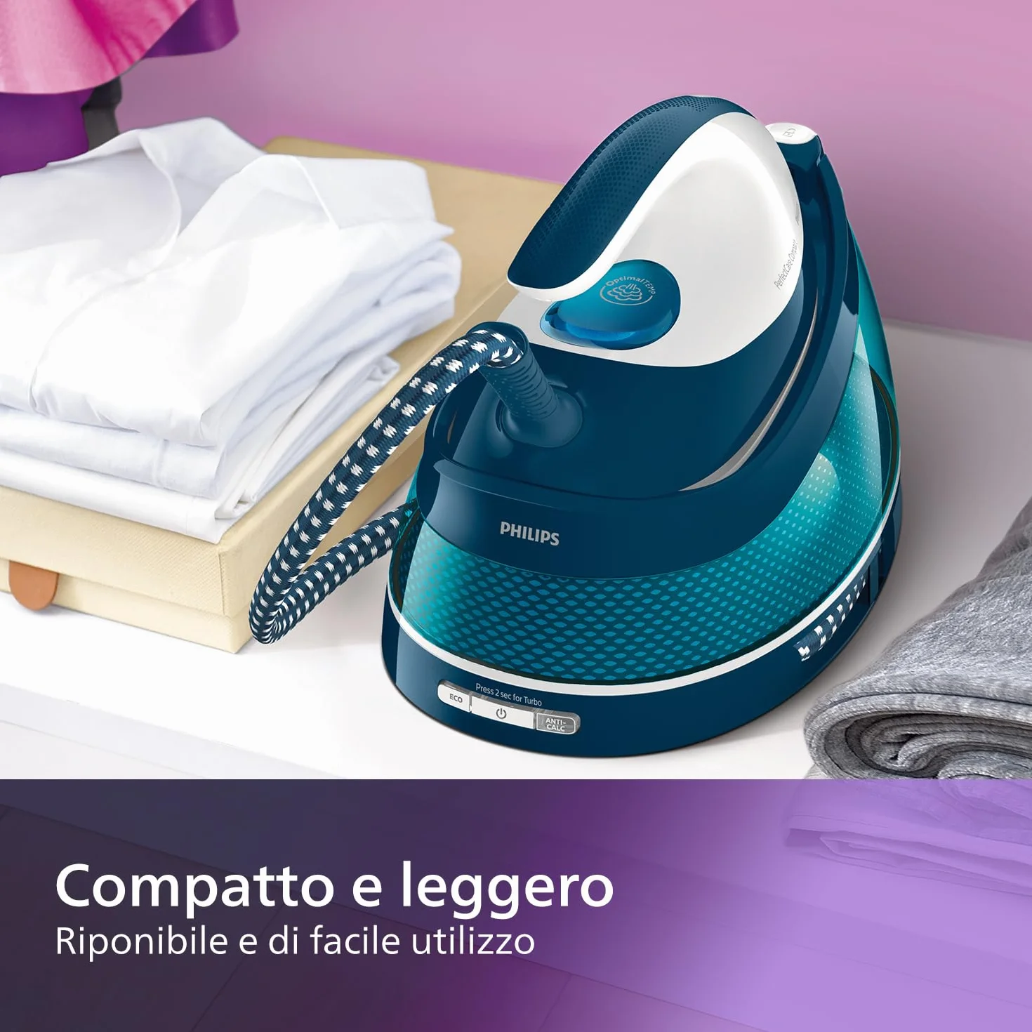 Philips PerfectCare Compact Ferro da Stiro con Caldaia - 2400W, Colpo di Vapore 400g, Pressione 6,5 Bar, Tecnologia OptimalTEMP, Serbatoio 1,5 l, Bianco/Blu (GC7844/20)