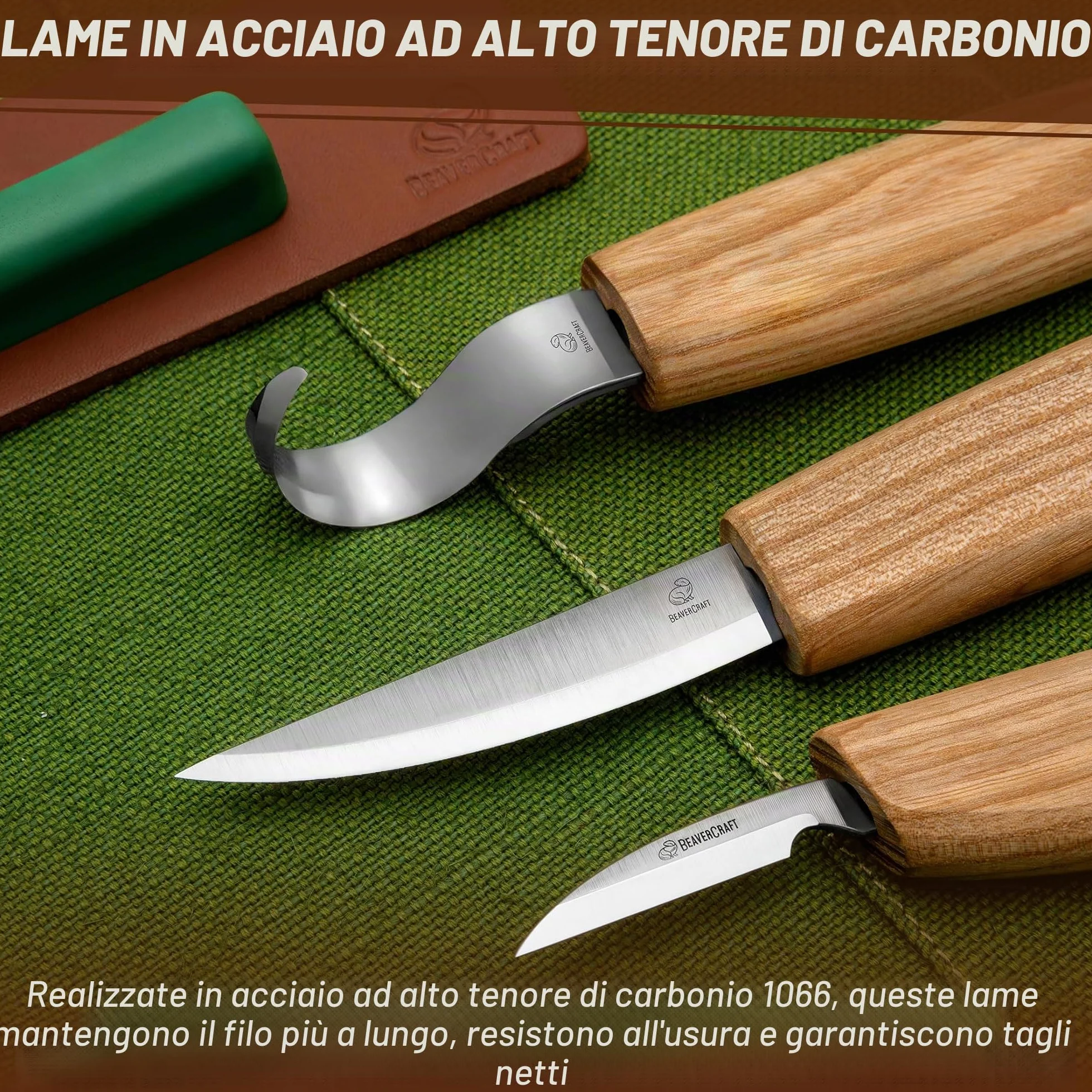 BeaverCraft S13 Kit per intaglio del legno con 3 coltelli - Set utensili per cucchiai, scultura e falegnameria, per principianti destrimani, con coltello a uncino