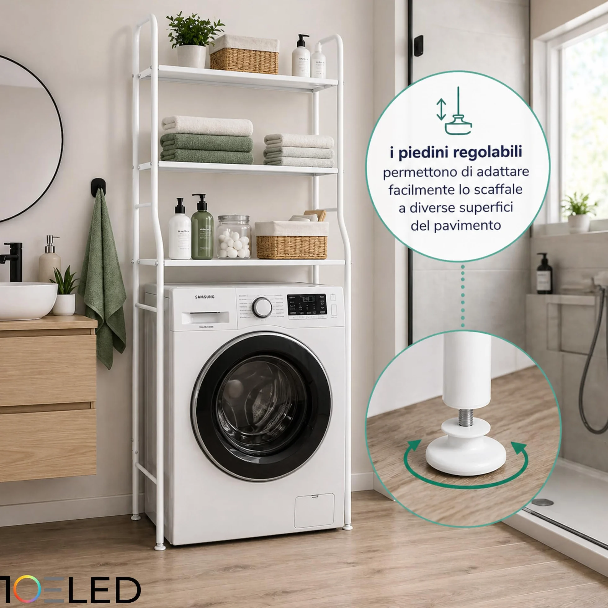 Stabile Mobile Lavatrice Salvaspazio 3 Ripiani Scaffale Organizer Bagno Lavanderia Acciaio con Ganci Laterali Piedini Regolabili