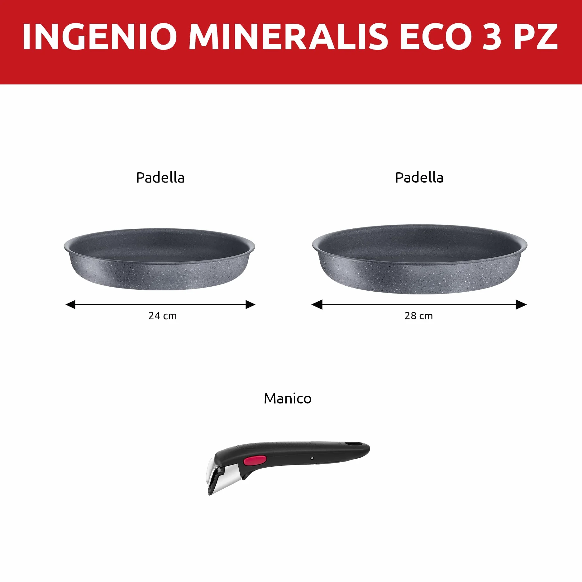 Lagostina Ingenio Mineralis Eco Set Padelle Antiaderenti in Alluminio 100% Riciclato & Ingenio Induction Coperchio in Vetro e Silicone, Nero e Trasparente, 28 cm