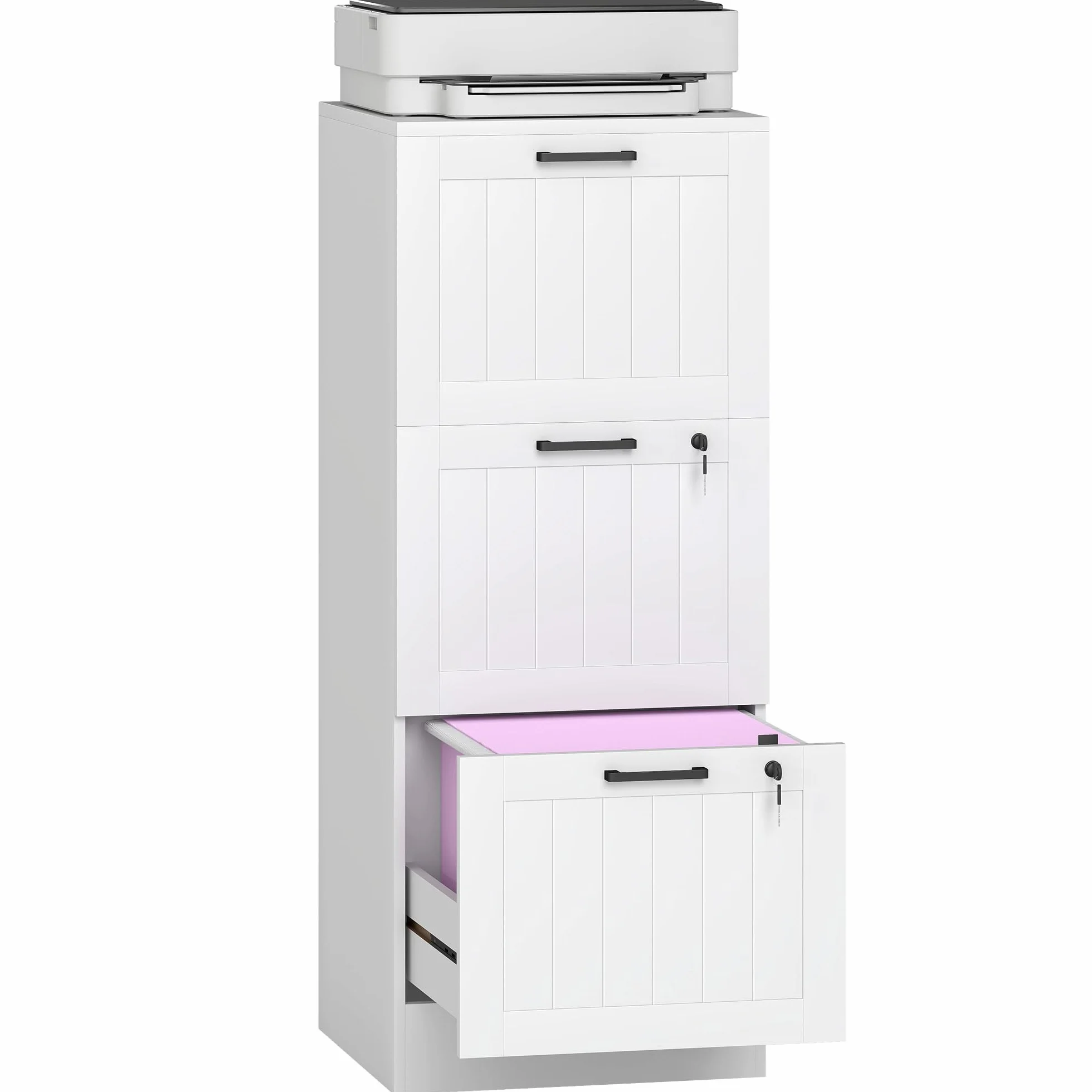 HOMCOM Cassettiera da scrivania con 3 cassetti e serrature, mobile per ufficio con barre di sospensione regolabili per documenti, cassettiera compatta per ufficio o camera da letto, 40x40x101 cm
