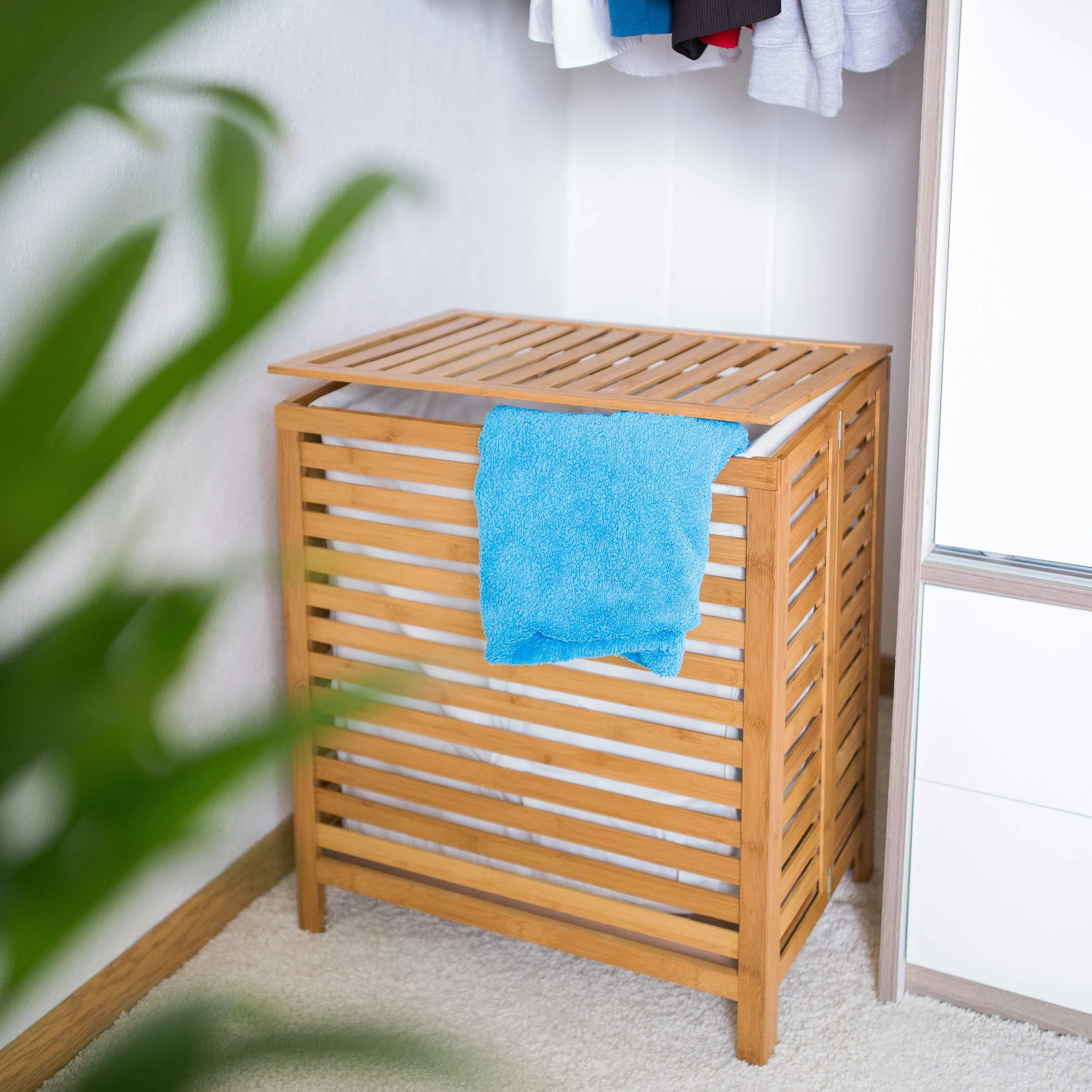 Relaxdays Cesta Portabiancheria, bambù, HBT: 60 x 50,5 x 35,5 cm, Accessorio da Bagno, con Coperchio, Marrone