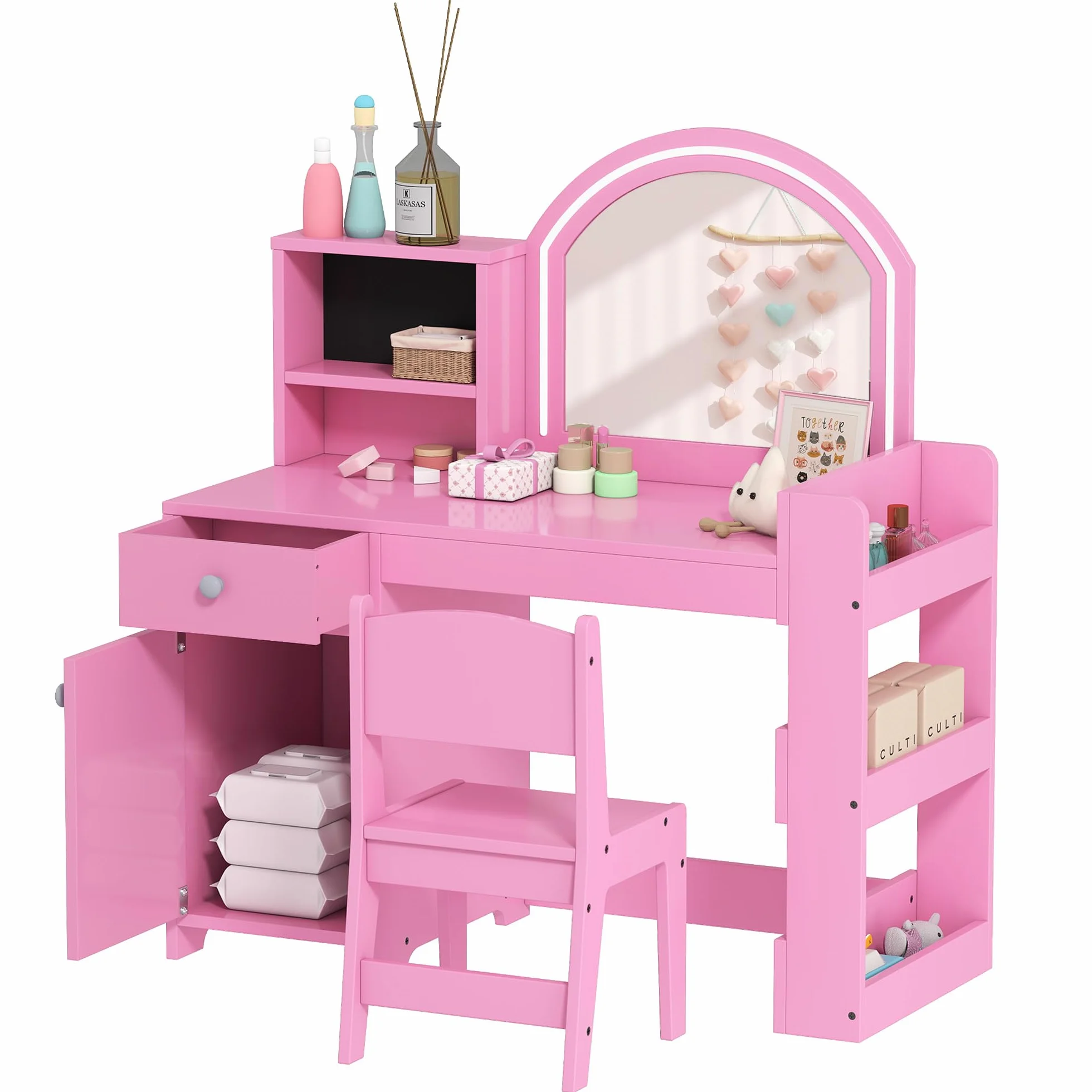 AIYAPLAY Set Toeletta Trucco per Bambini 3-8 Anni 2 in 1 con Specchio Illuminato e Sedia, Postazione Trucco in Legno con Luce LED a 2 Colori, Armadietto, Scaffali e Libreria, Rosa