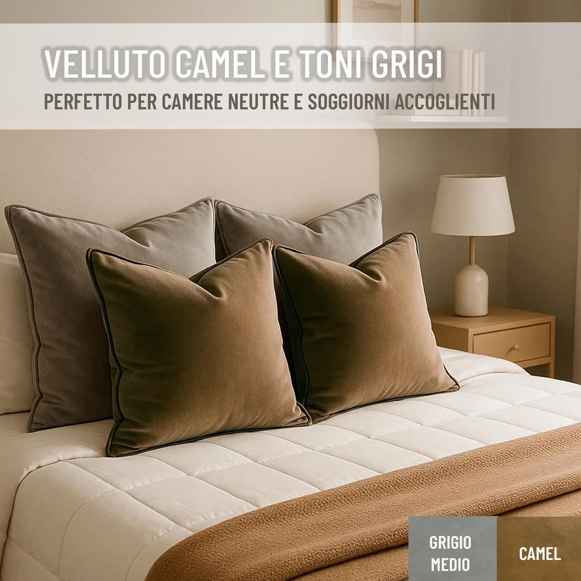 Set di 2 Fodere decorative per Cuscino. Modello OXFORD. Realizzate in velluto extra morbido. Design moderno con bordo a contrasto. Imbottitura non inclusa. (Camel/Marrone, 45x45cm)