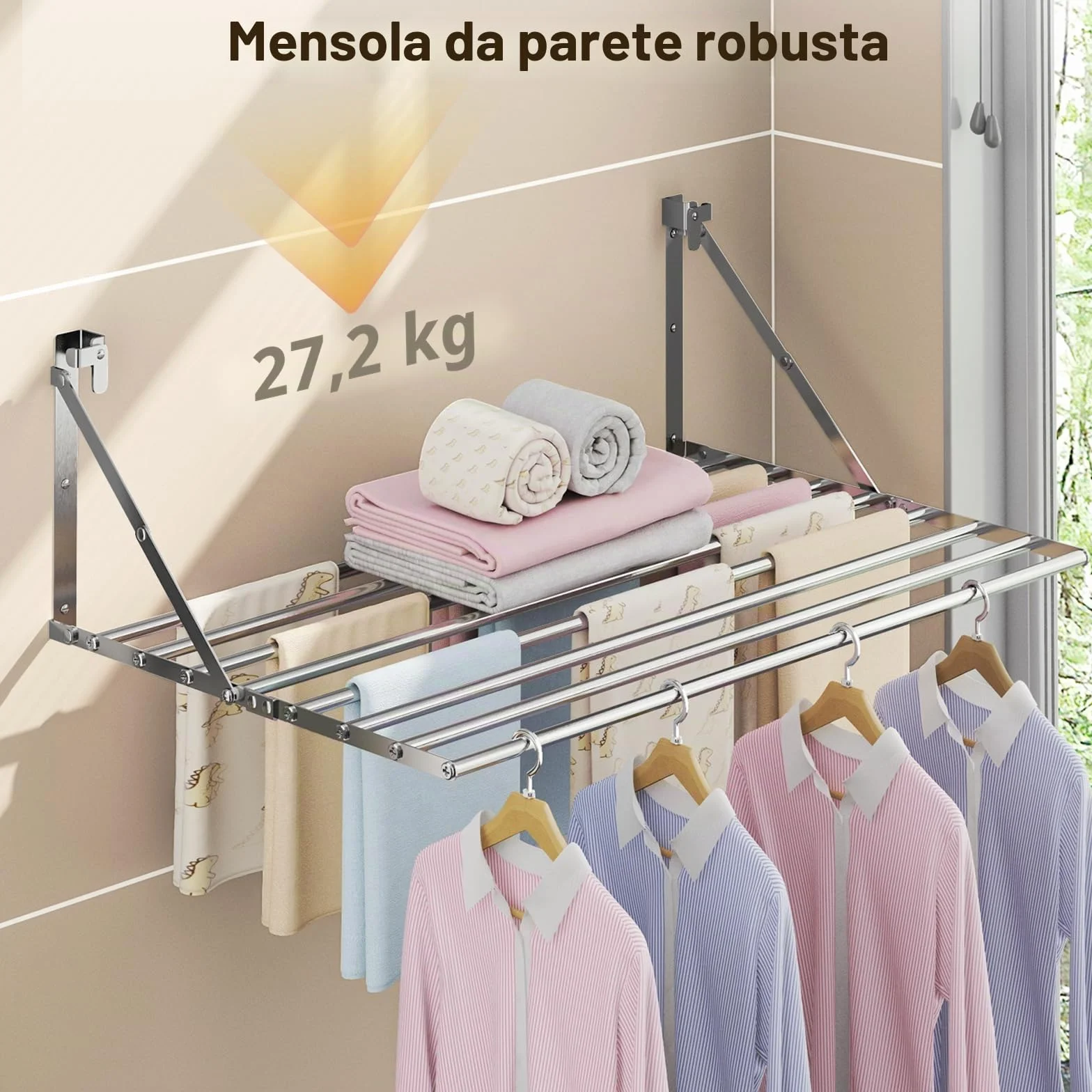 Innotic Stendibiancheria da parete 80 cm 8 barre pieghevole resistente alla ruggine per esterni argento