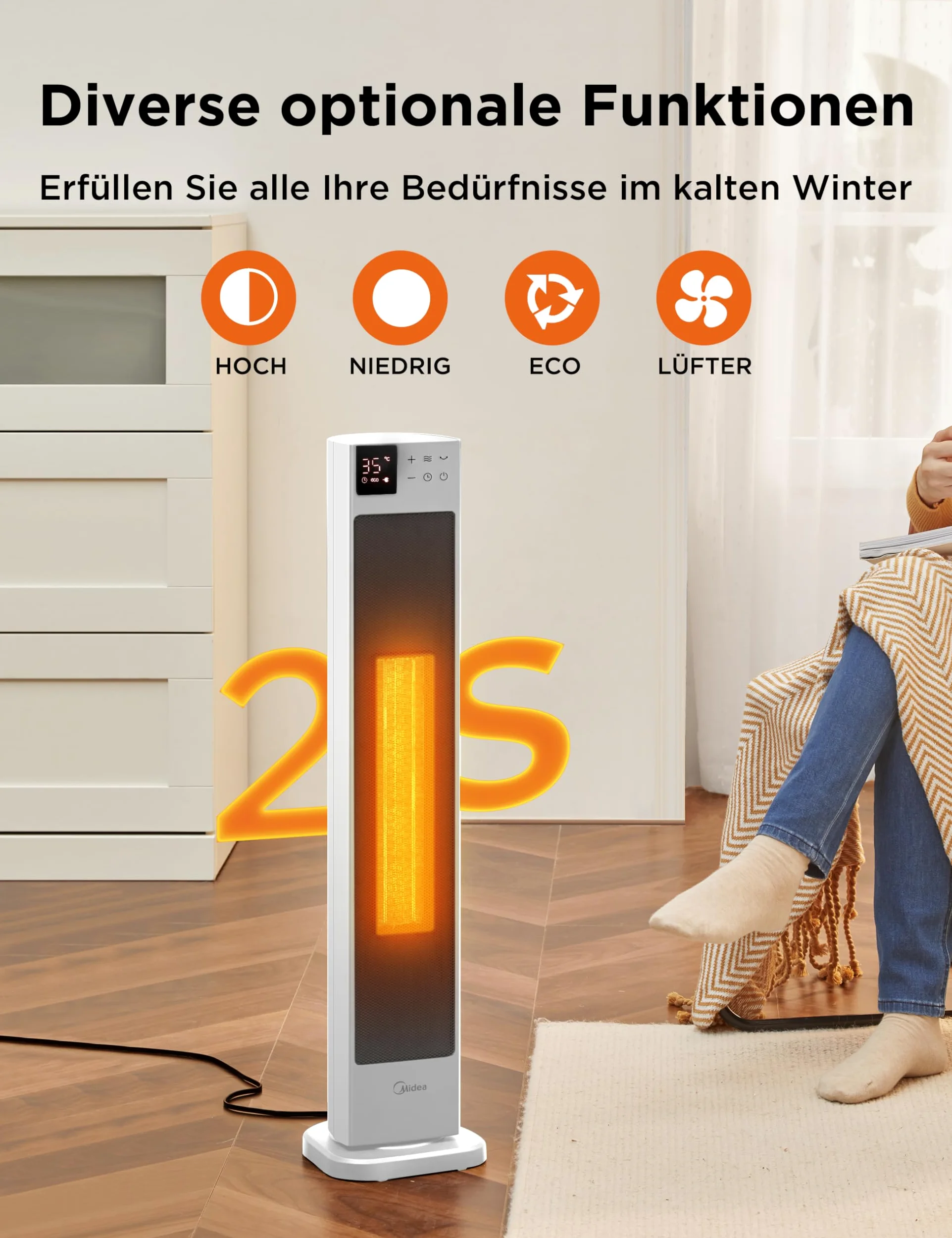 Midea NTH20-22GR(WH) - Termoventilatore a risparmio energetico, silenzioso, con telecomando, PTC, 2000 Watt, termostato, 2 livelli di calore, timer 24 ore, modalità ECO, per grandi ambienti