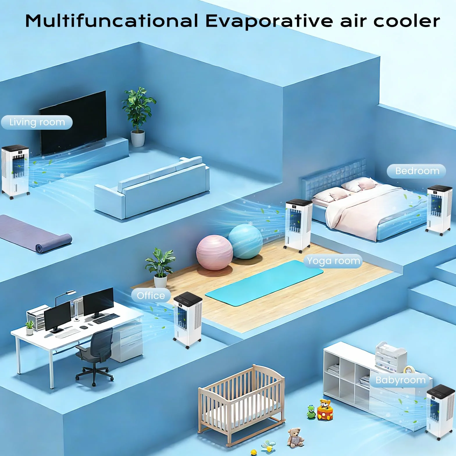 Condizionatore Portatile Senza Tubo Silenzioso, 60W Raffreddatore d'Aria 4 in 1, 4 Modalità 3 Velocità, Oscillazione 60°&120° Timer 1-12 H, con Telecomando, 4 Bottiglie di Ghiaccio per Casa e Ufficio