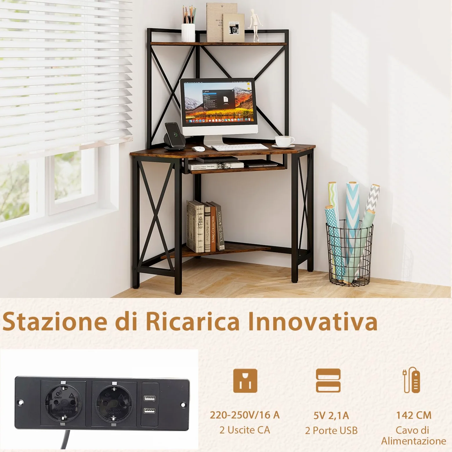 COSTWAY Scrivania Angolare con Prese, Scrivania ad Angolo con Ripiani, Porta Tastiera Estraibile e Struttura in Metallo, Scrivania Salvaspazio per Ufficio e Casa(marrone e nero)