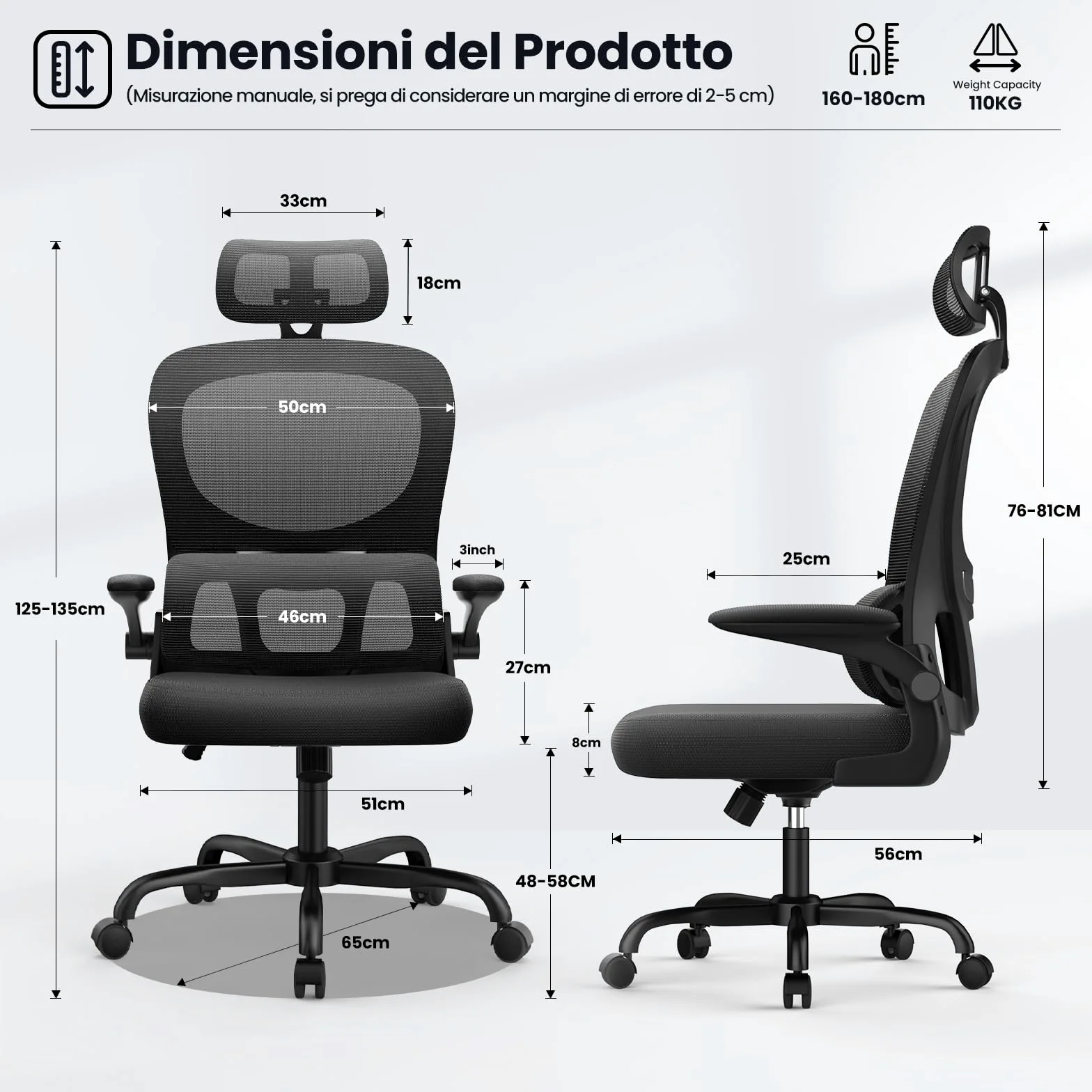 naspaluro Sedia Ufficio Ergonomica, Sedia Scrivania Con Supporto Lombare a Forma Di C, Schienale E Poggiatesta Regolabili, Braccioli Reversibili, Sedile in Rete Traspirante per L'ufficio, Nera