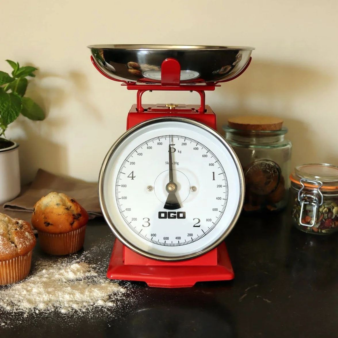 OGO LIVING - bilancia da cucina meccanica - 7915011 - pesa fino a 5 kg, graduazione 20 g - rosso