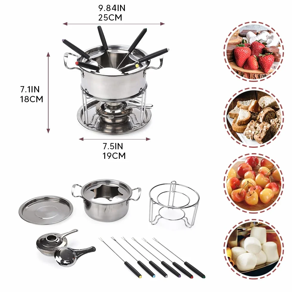 Set Fonduta Formaggio Acciaio Inox 6 Persone Fondue Bourguignonne con Forchette Bruciatori Argento
