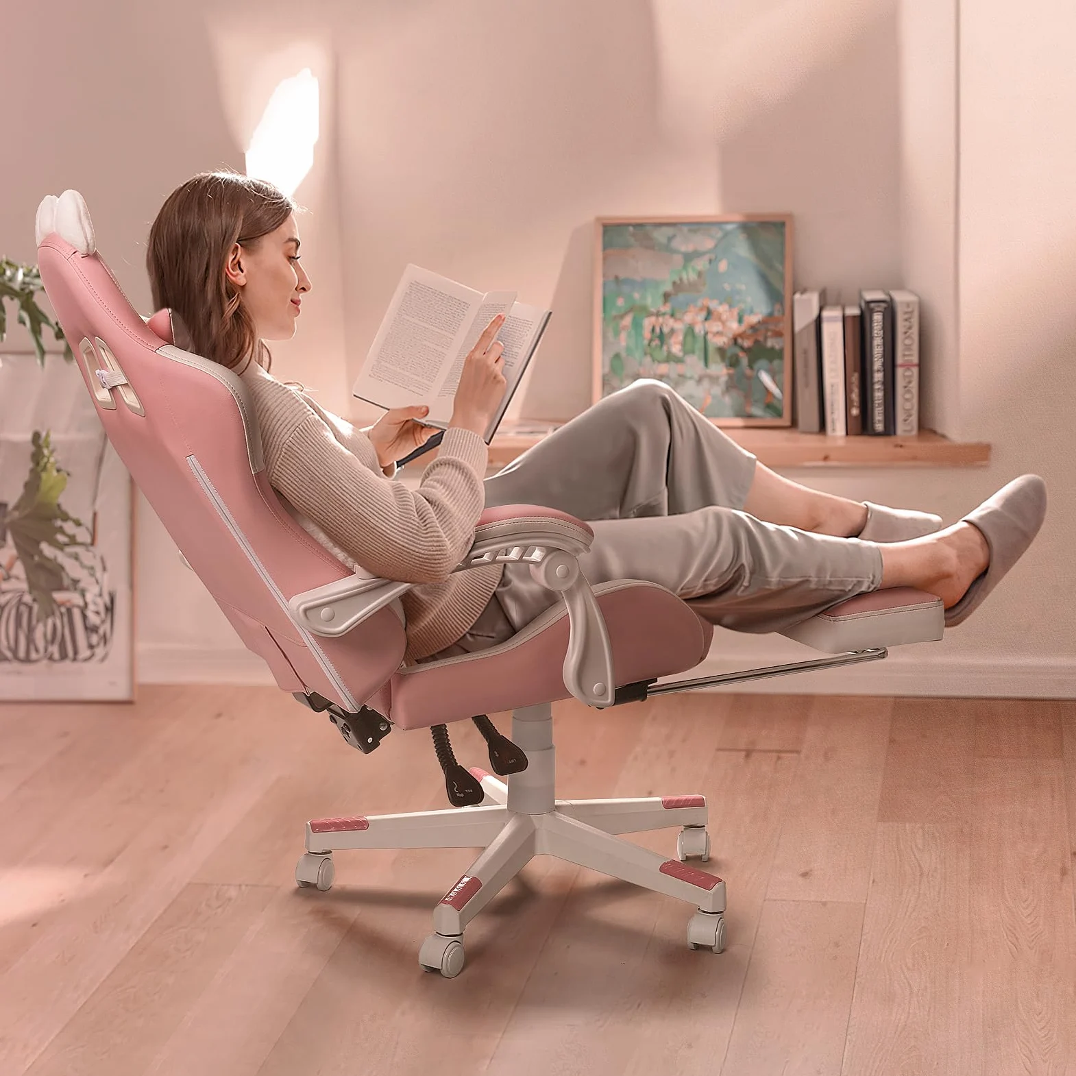 Waleaf Sedia Gaming Rosa, Sedia da Gaming Ergonomica con Regolabile Poggiapiedi, Poggiatesta, Supporto Lombare, Poltrona per Computer con Orecchie da Gatto, Altezza Regolabile