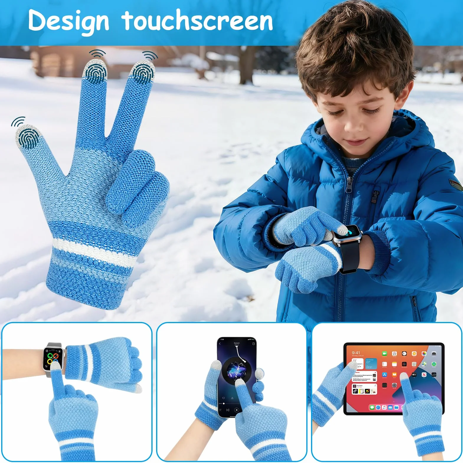 Kiiwah 3 Paia Guanti Invernali a Dita Bambini, Guanti in Maglia Magici Elasticizzati Termici Morbidi Blu, Blu navy, Grigio per Ragazzi (Età 7-9 Anni)