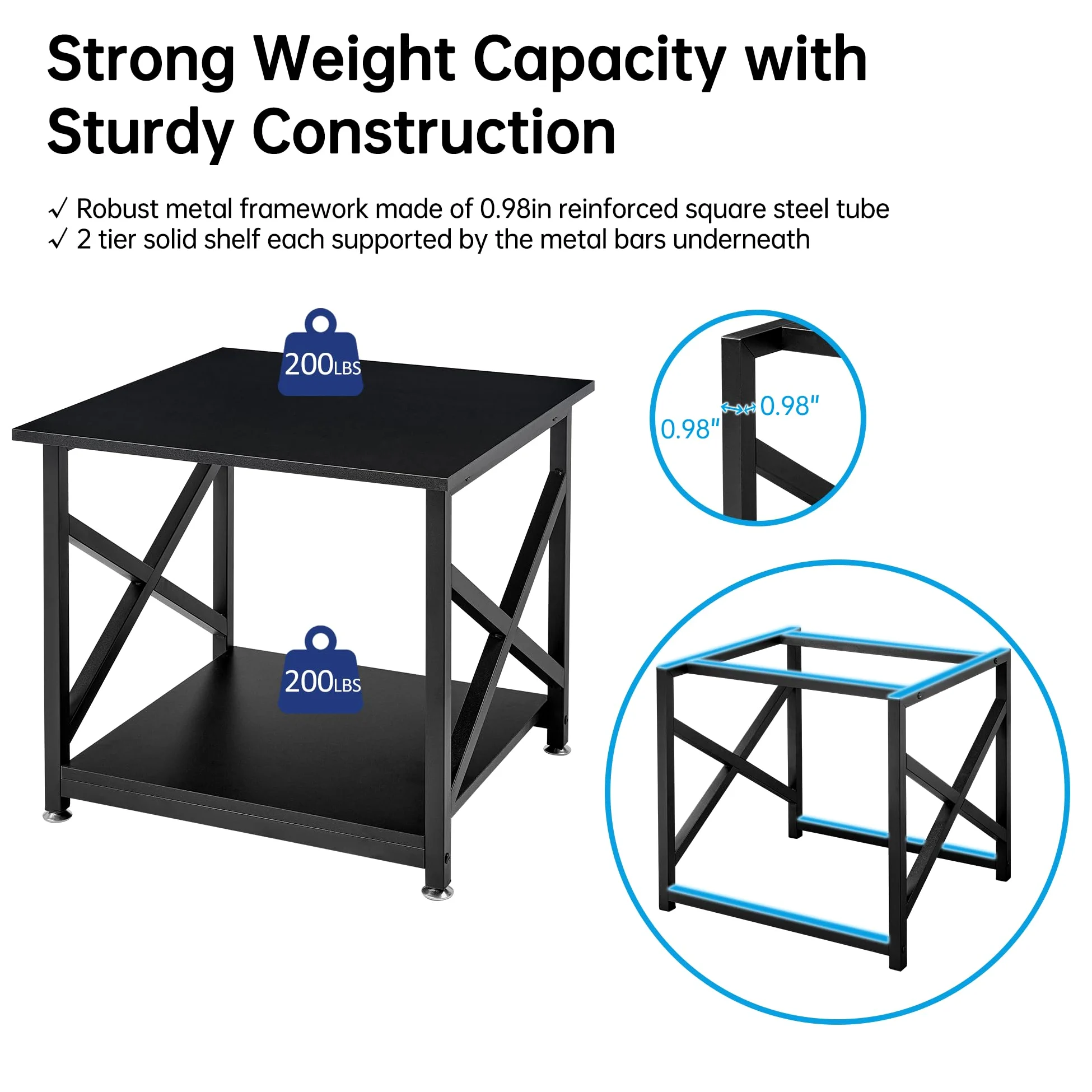 Fannova Supporto per stampante quadrato a 2 ripiani, 60 x 50 x 50 cm, con ripiano portaoggetti, carrello per stampante con ruote industriali, per casa e ufficio, mini frigorifero, nero