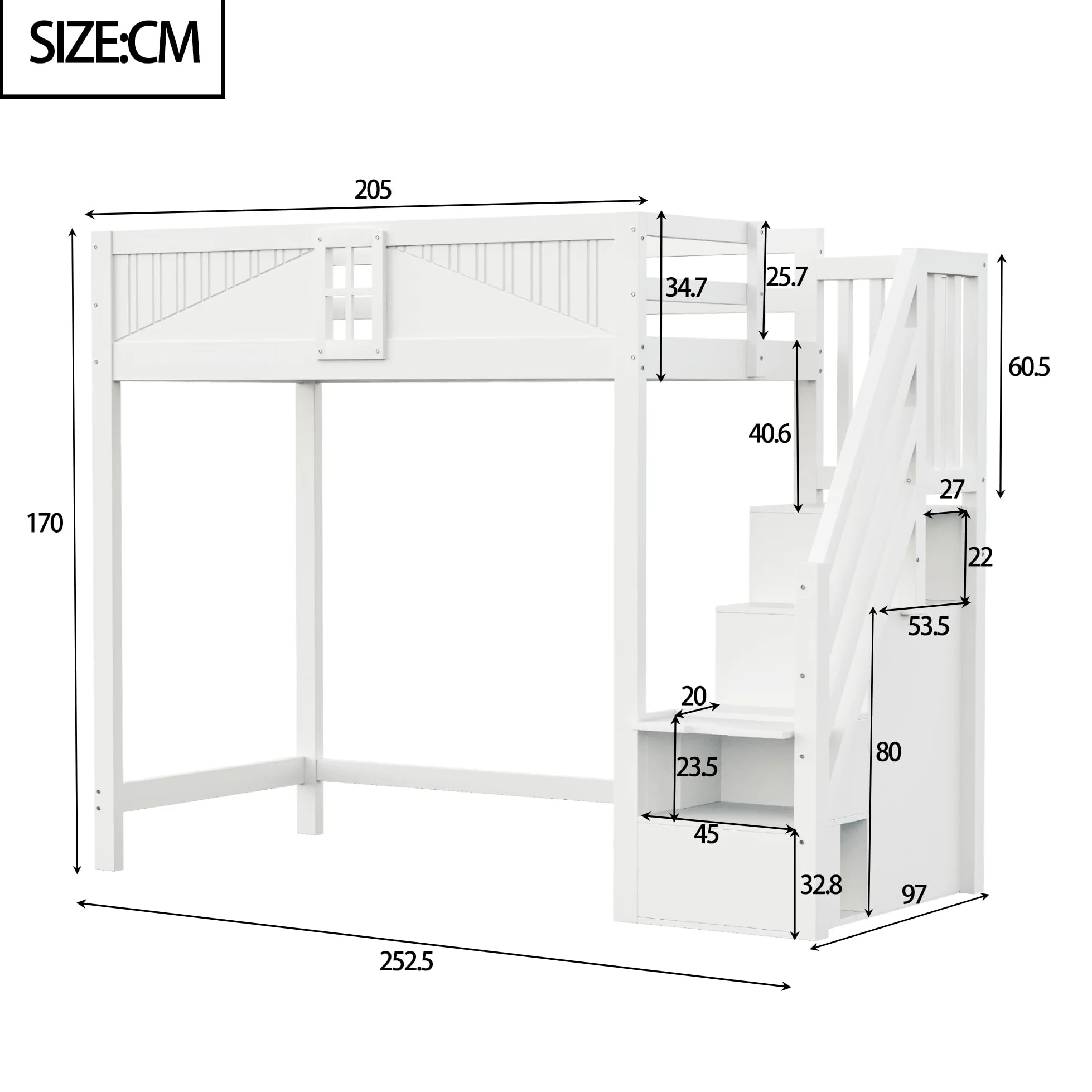 Azkoeesy Letto a soppalco per bambini con scala e armadio, 90 x 200 cm, in legno di pino, grigio-bianco, design a forma di finestra, per adulti e ragazzi (bianco)