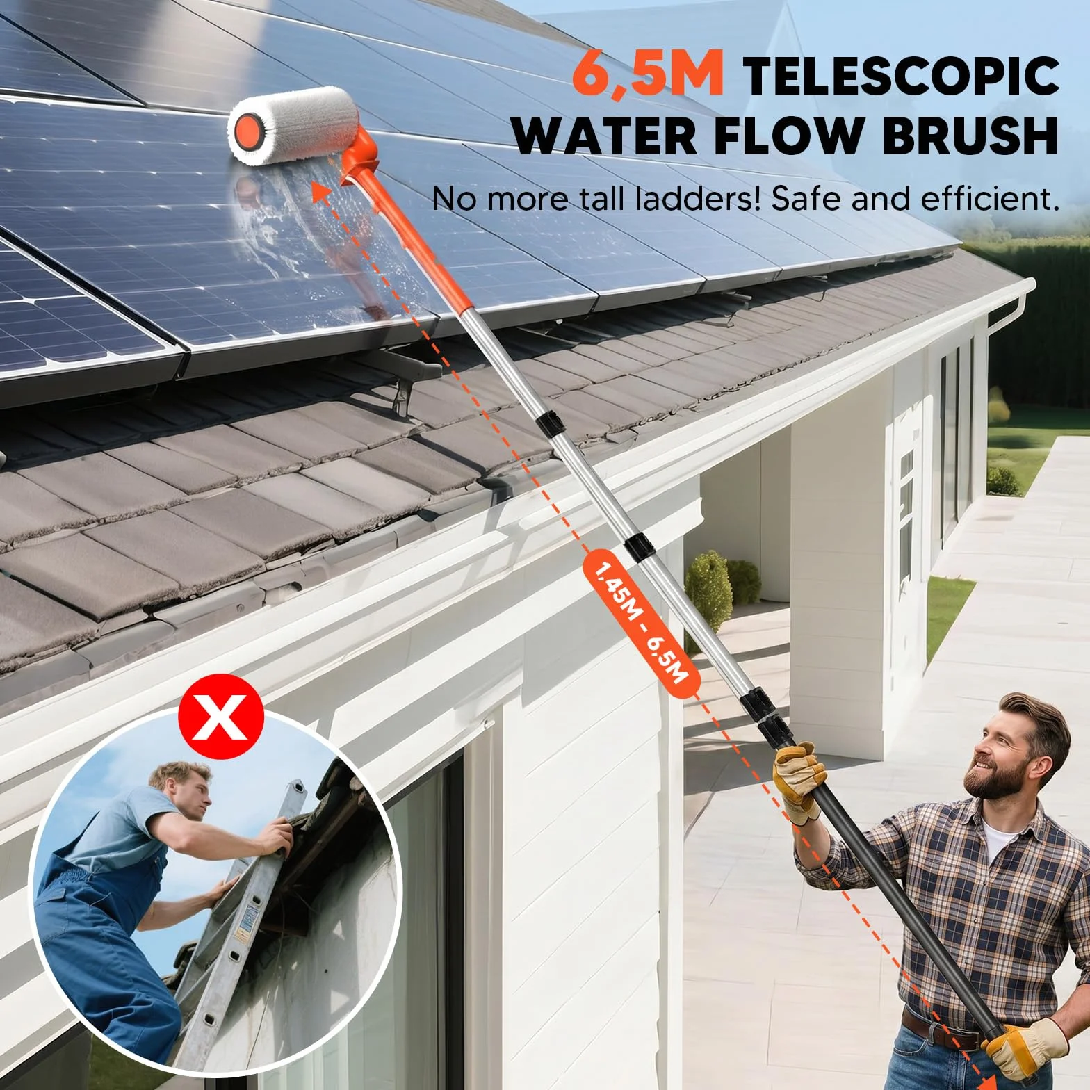 Spazzola Elettrica per la Pulizia di Pannelli Solari: Kit di Pulizia per Pannelli Solari con Asta Regolabile Alimentata ad Acqua da 6,1 m con Tubo dell'Acqua da 7 m - Spazzola Fotovoltaica