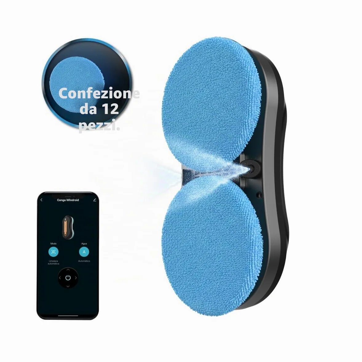 Cecotec Robot Lavavetri, Robot Pulisci Vetri Conga Windroid W10 DoubleSpray.Spruzza Pulisce e Asciuga, 2 Panni, Doppio Spray, 4 Modalità, Serbatoio 50ml, Motore Digitale, Cavo 7,5m per Vetri Brillanti