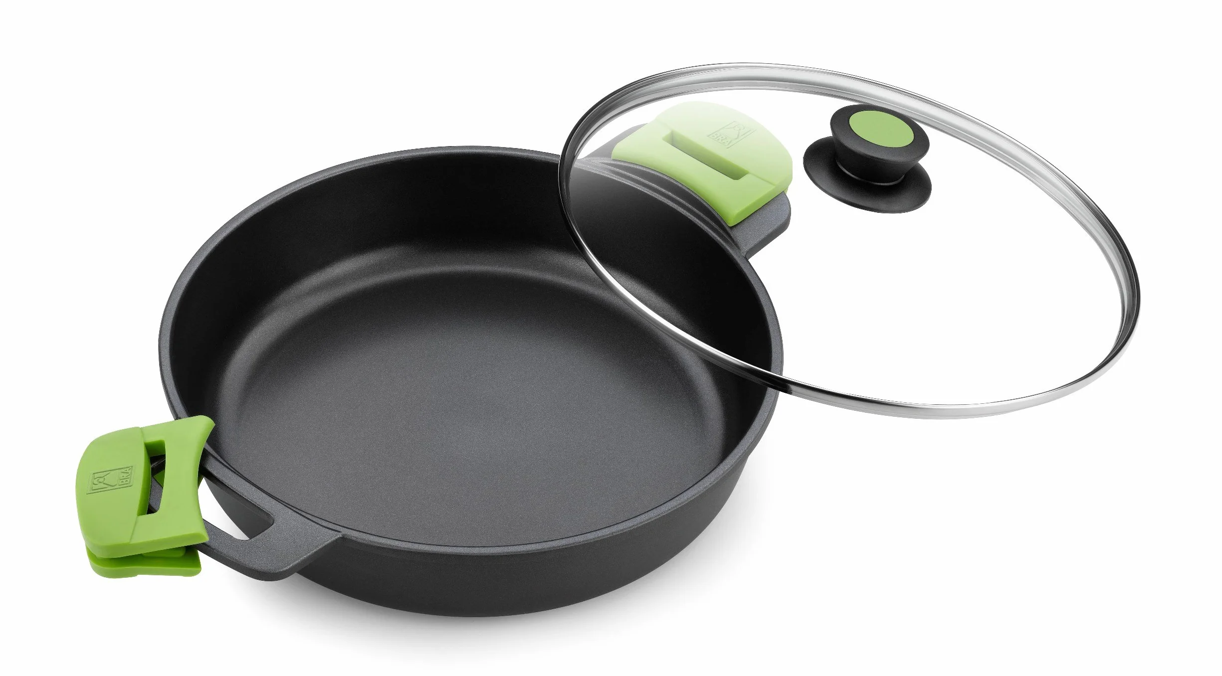 BRA Prior | Casseruola bassa con coperchio in vetro e manici di silicone, Adatta a tutti i tipi di piani cottura, induzione inclusa e forno, 32 cm