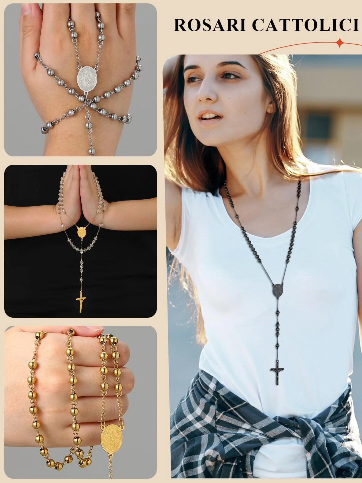 FaithHeart Collana HD Foto Rosario San Michele Medagila Personalizzata 66CM+16CM Perline Preghiera Gioielli Religiosi Regalo Compleanno