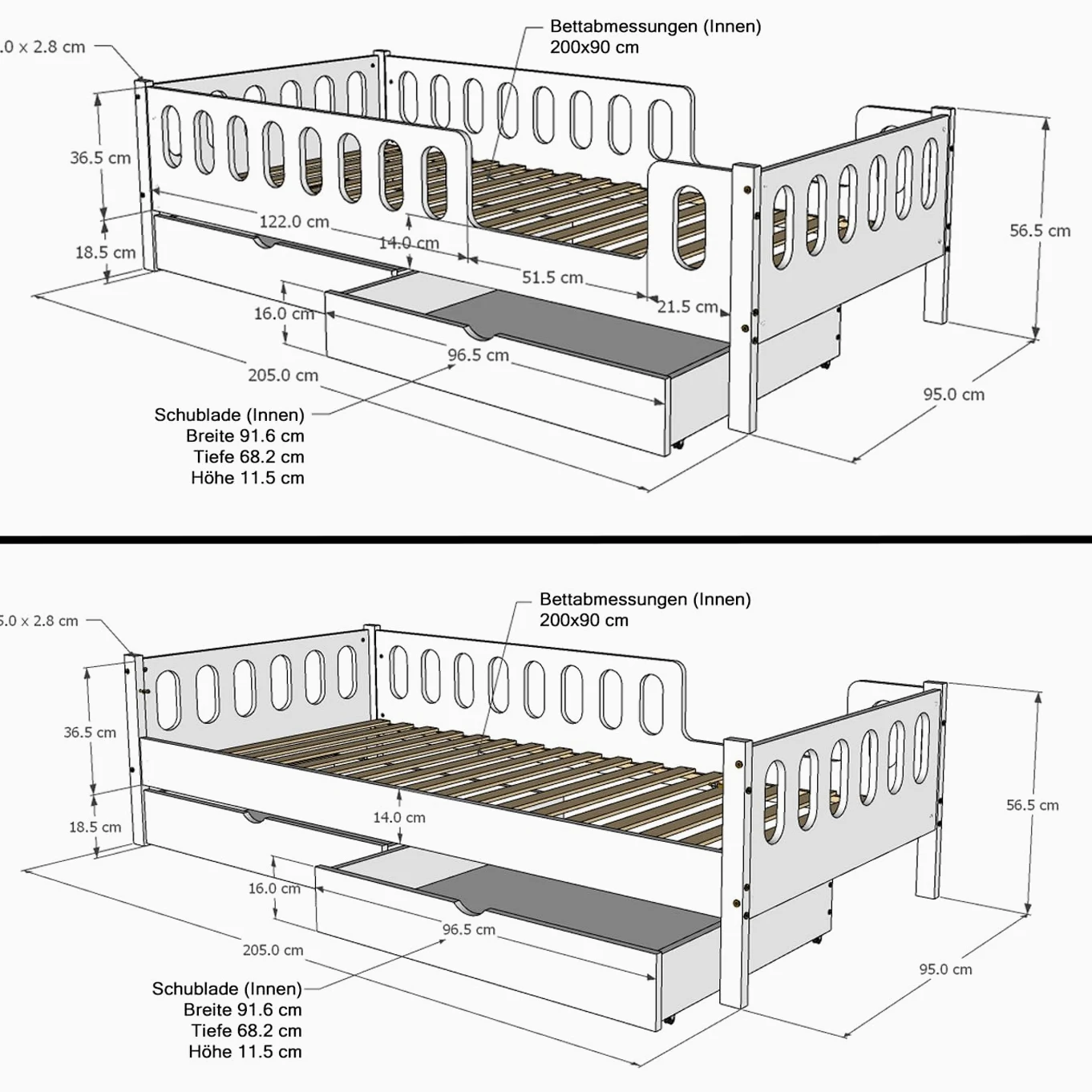 LARS 2 in 1 Letto per bambini Letto per ragazzi 200x90 cm - Bianco, 2 cassetti, Protezione antiribaltamento rimovibile, Convertibile in Letto Junior, Design Montessori, Legno massello, Include doghe