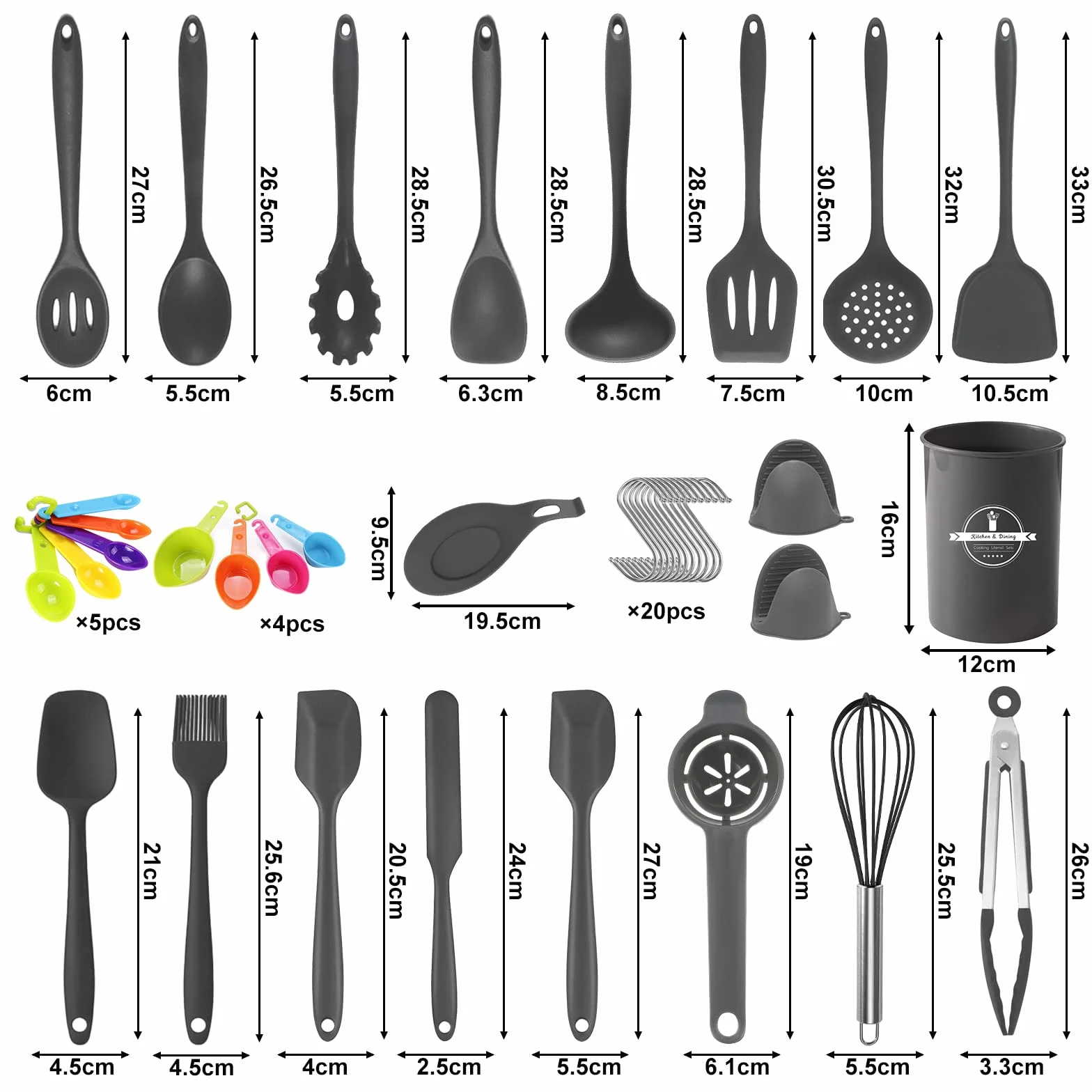 49pcs Set di Utensili da Cucina in Silicone con 20 Ami, 9 Misurini, 1 Secchio di Stoccaggio, Resistente al Calore Antiaderenti, con Ganci- Grigio Scuro