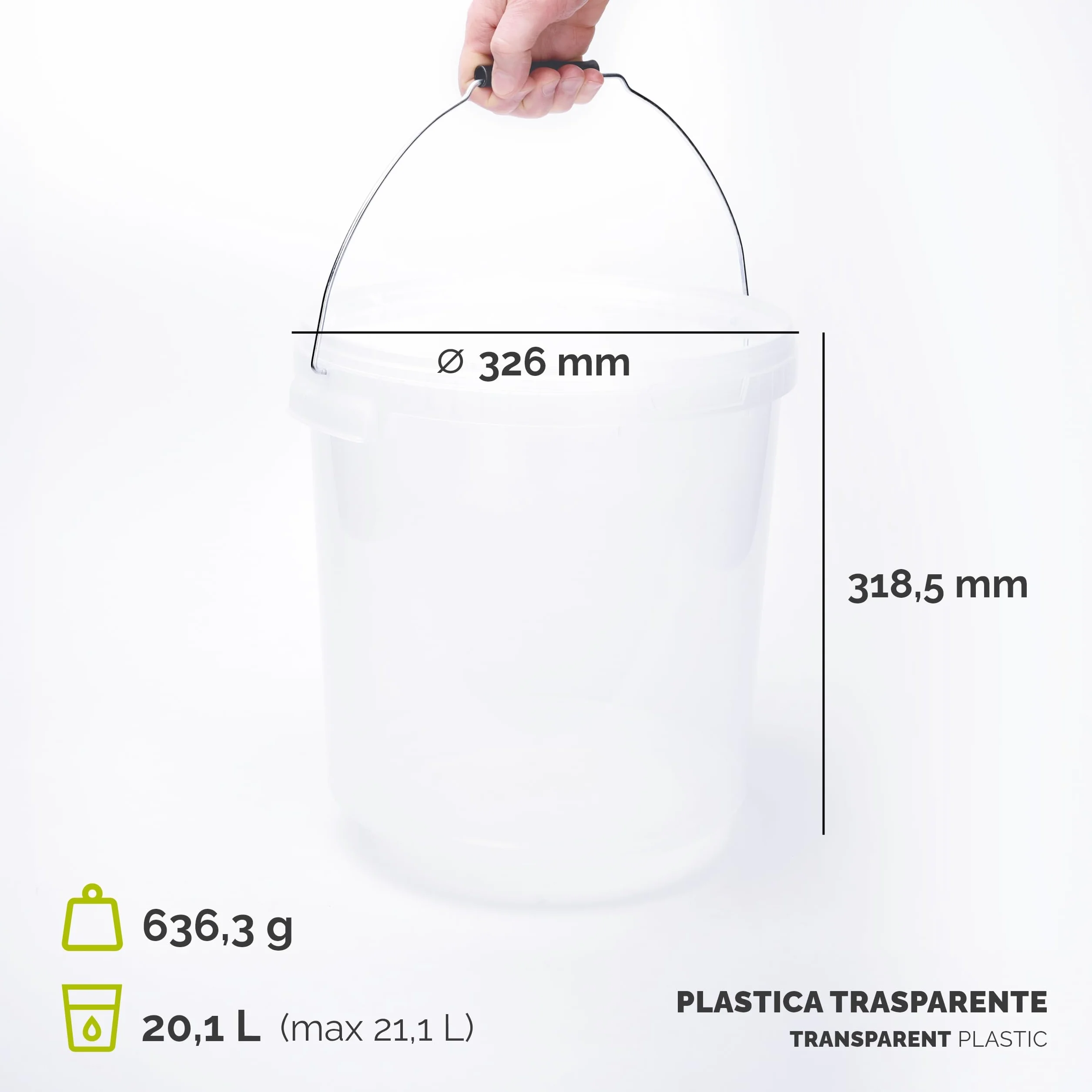 Garronda Secchio con Coperchio 20 L per la conservazione di Prodotti Alimentari e chimici 10 Pezzi Trasparente GD-0072