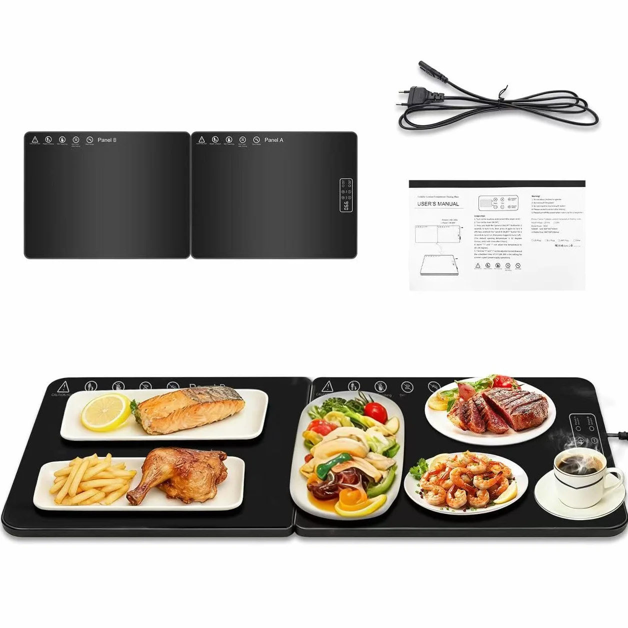 Piastra Riscaldante Elettrico 80 * 30 CM, Temperatura Regolabile e Pieghevolee, Tappetino Scaldavivande Multiuso per Mantenere Caldi o Scongelare gli Alimenti a Casa, in Feste ed Eventi