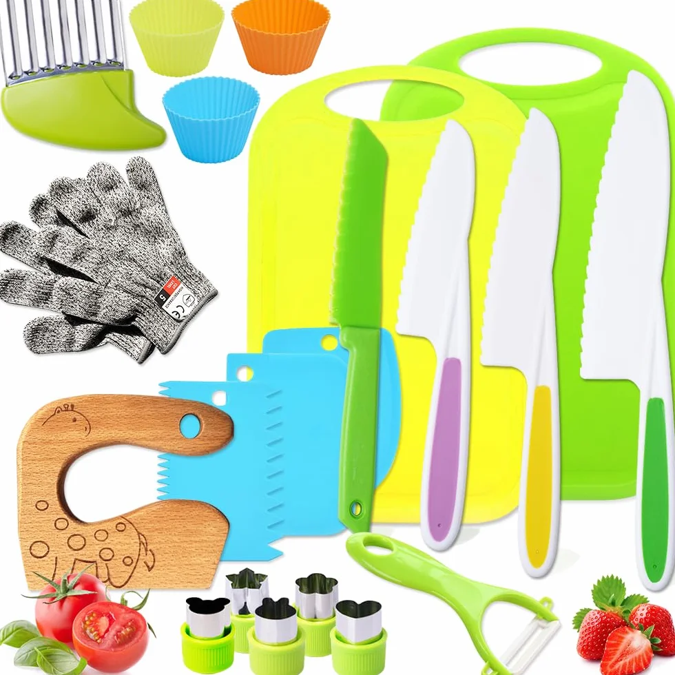 Montessori - Coltelli cucina per bambini, set di utensili, taglierino, pelapatate a Y, tagliapasta per frutta, guanti