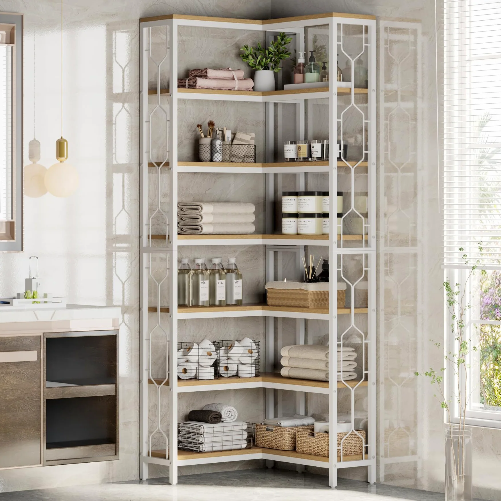 Tribesigns Etagere - Scaffale angolare industriale a 7 ripiani, in legno e metallo, scaffale autoportante per soggiorno, cucina, casa, ufficio, bianco e naturale