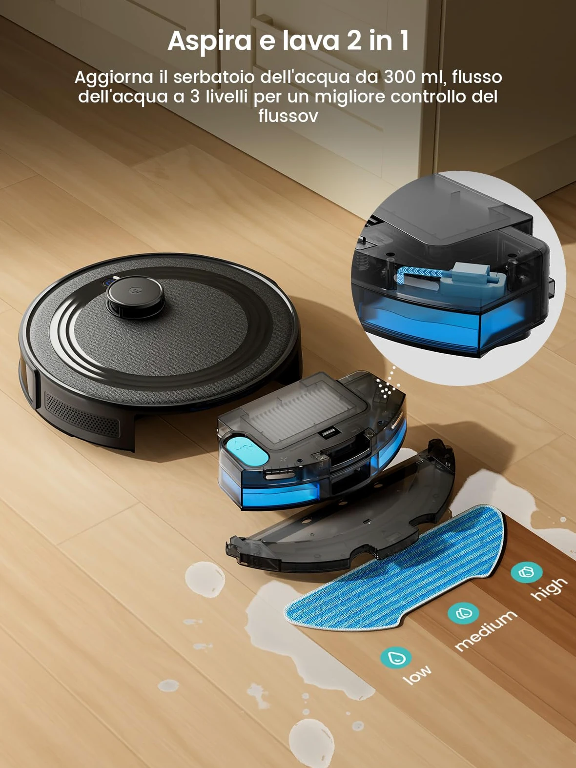 Lefant M2 Robot Aspirapolvere Lavapavimenti con Mappatura Laser dToF 2 in 1, 6000Pa, Navigazione Intelligente PSD Anti-Ostacoli, 160 Min,Controllo APP/Alexa, Ideale per Peli Animali，Nero
