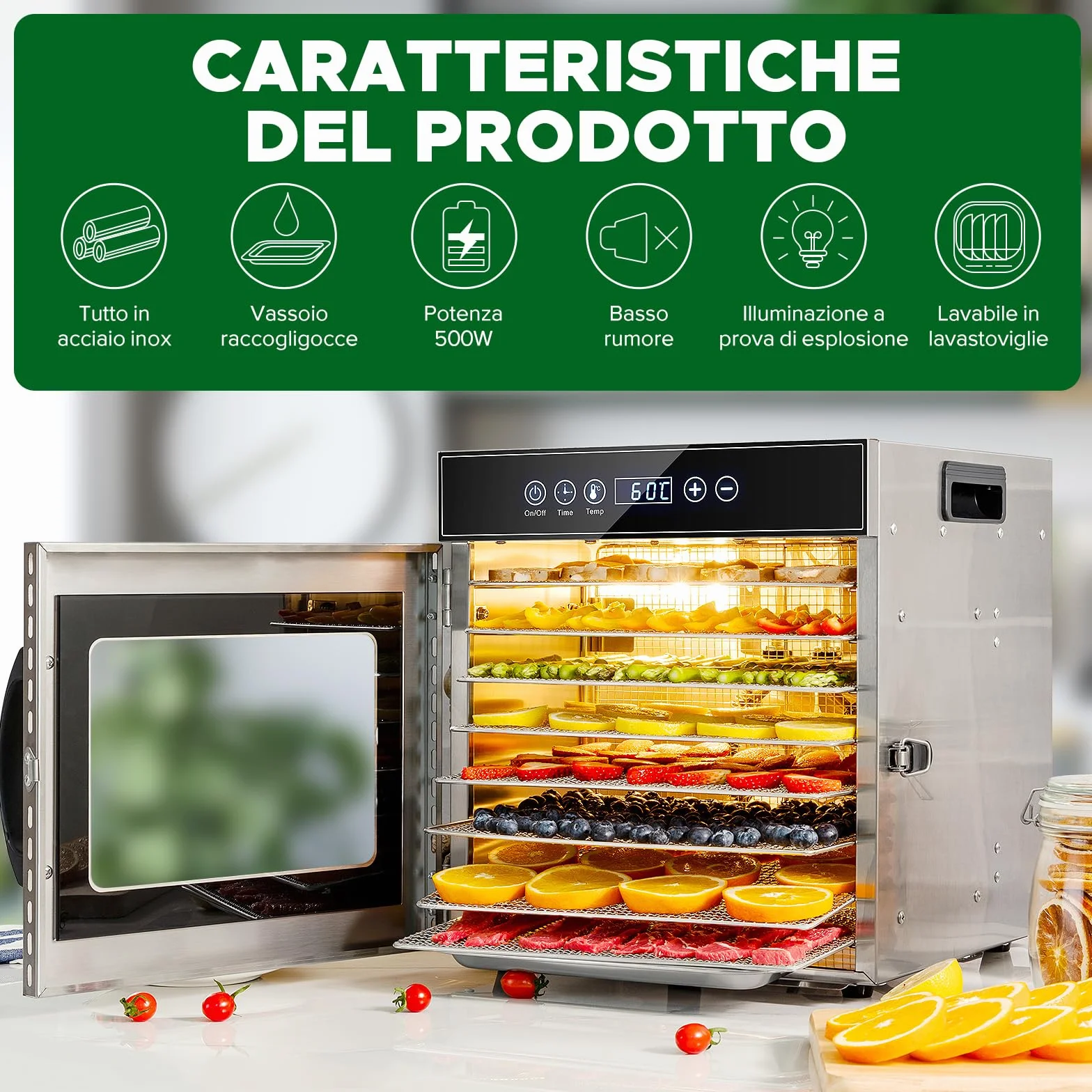 Kwasyo Essiccatore Alimentare Acciaio Inox, 8 Vassoi Con Display LCD, 24 ore Timer, 30-90°C Temperatura Regolabile,500W Essiccatore di Frutta e Verdura, Vassoi Lavabili in Lavastoviglie