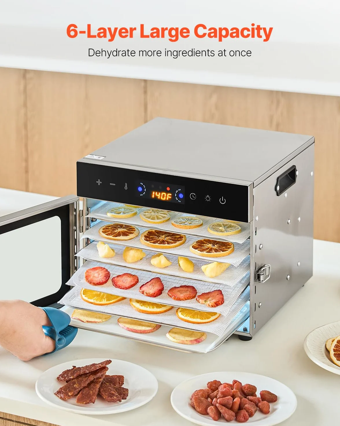 VEVOR Disidratatore Alimentare 6 Vassoi in Acciaio Inox, Essiccatore Elettrico per Alimenti da 400 W Temperatura Regolabile Timer, Liofilizzatore per Carne Secca, Frutta, Verdura, Erbe
