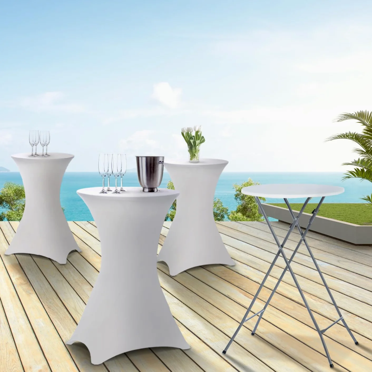 IDMarket - Set di 4 tavoli alti pieghevoli da 105 cm e 4 coperture bianche