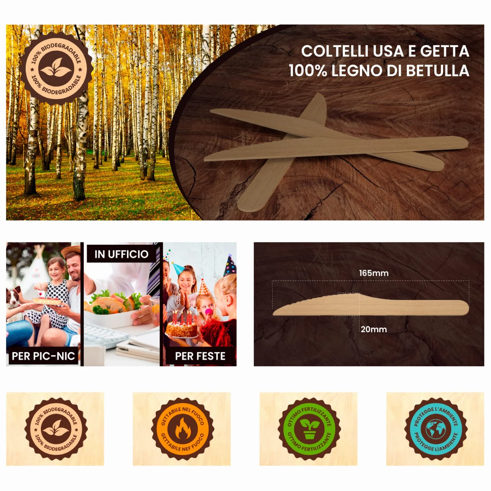 Coltelli Ecologici in Legno di Betulla Monouso 1000 Posate Biodegradabili Compostabili