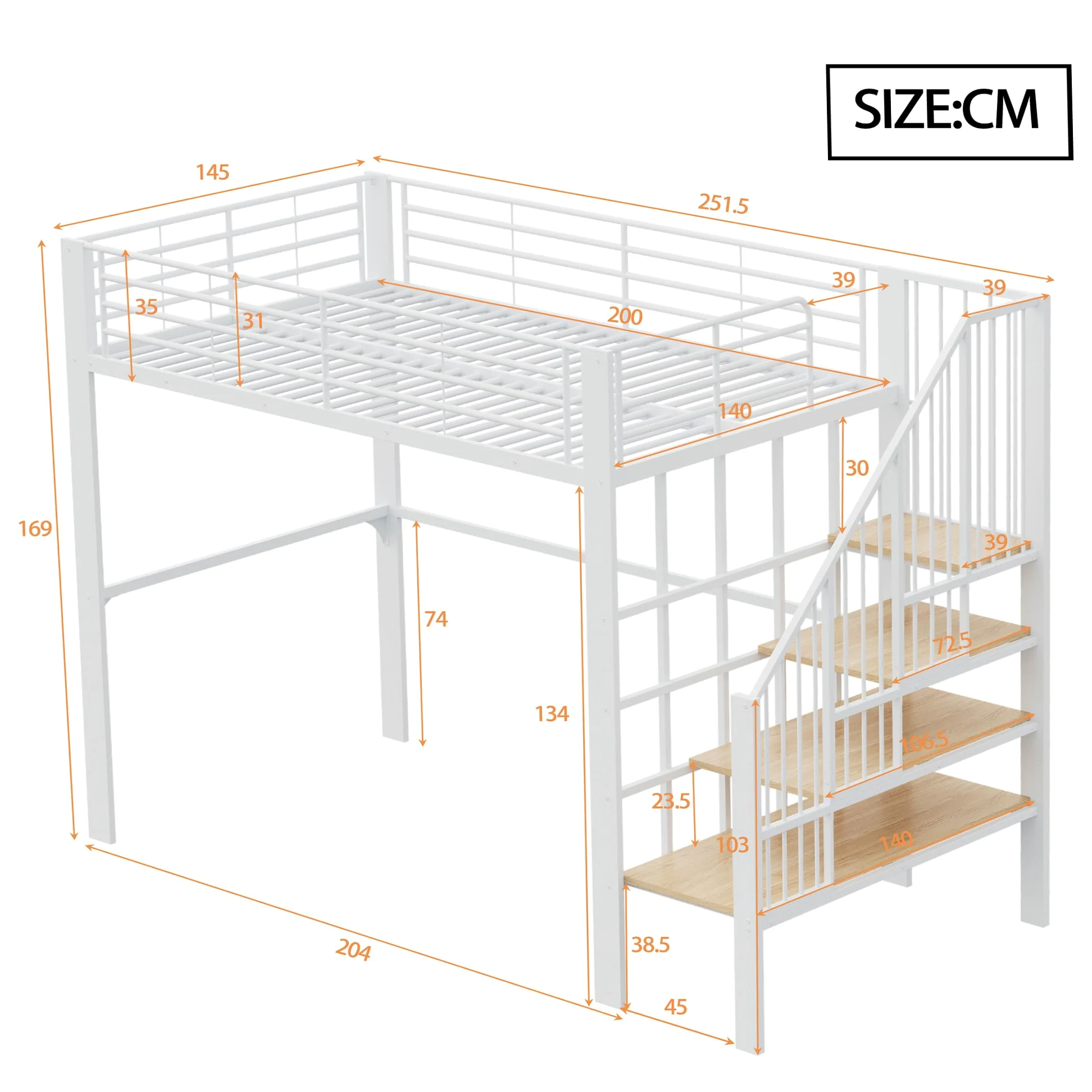 Letto a Soppalco 140x200 cm con Robusta Struttura in Metallo, Letto a Castello per bambini e e Adulti, Letto Multiuso con ampio spazio di stivaggio sotto il, Letto Bambini con Scala e Ringhiere