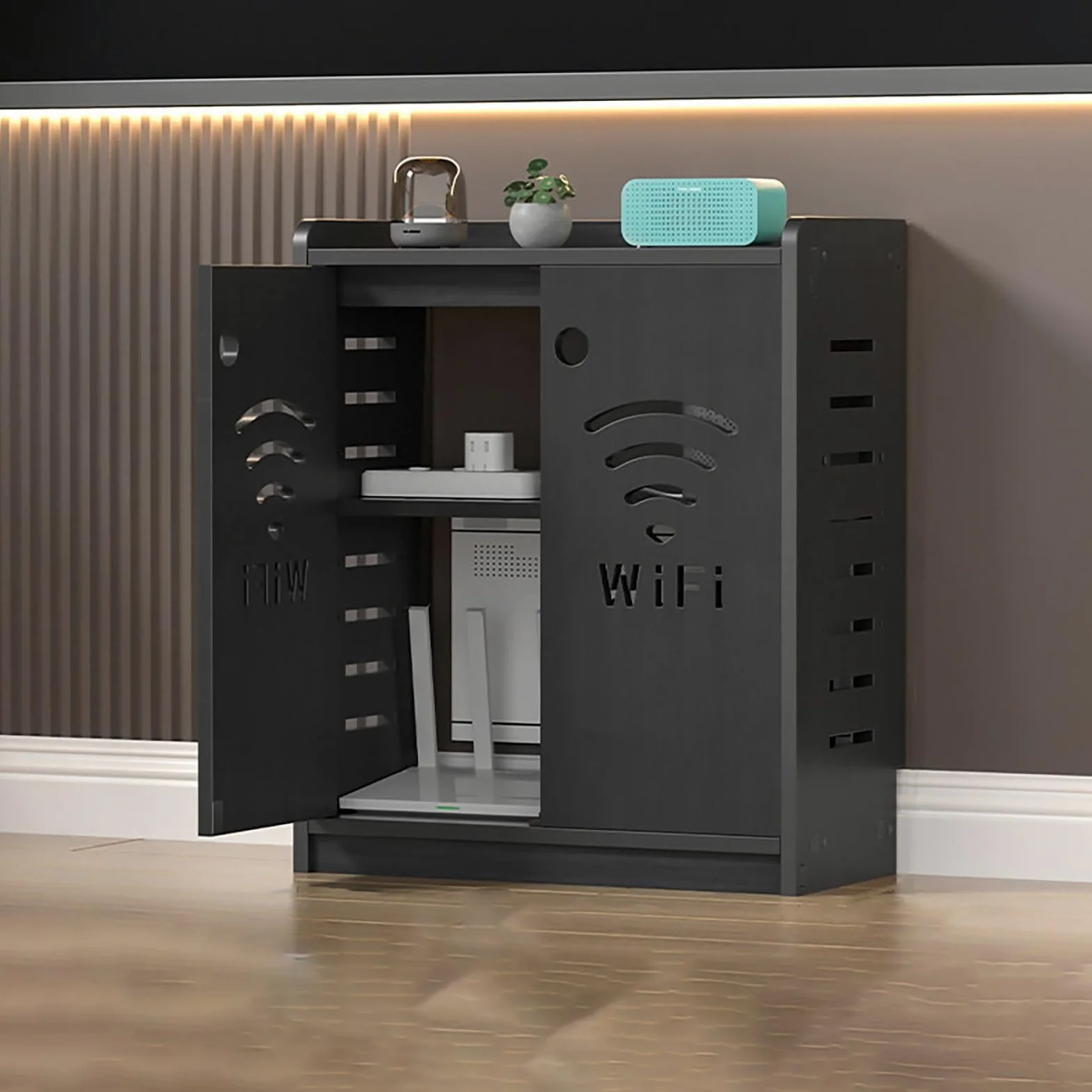 WiFi Scatola di Immagazzinaggio del Router Mobiletto Portaoggetti per Router Wi-Fi con Anta e Ripiani per Soggiorno e Ufficio.(Black,50x25x60cm)