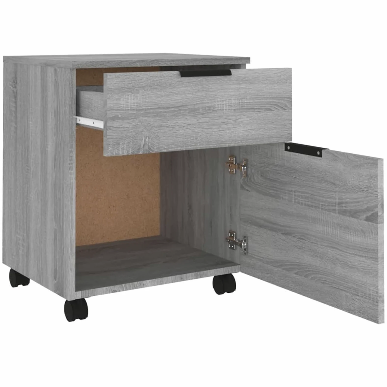 Gecheer Raccoglitore mobile con ruote Sonoma grigio 45 x 38 x 54 cm legno, portaoggetti per documenti a rotelle con cassetto e vano, armadio laterale per ufficio a casa soggiorno
