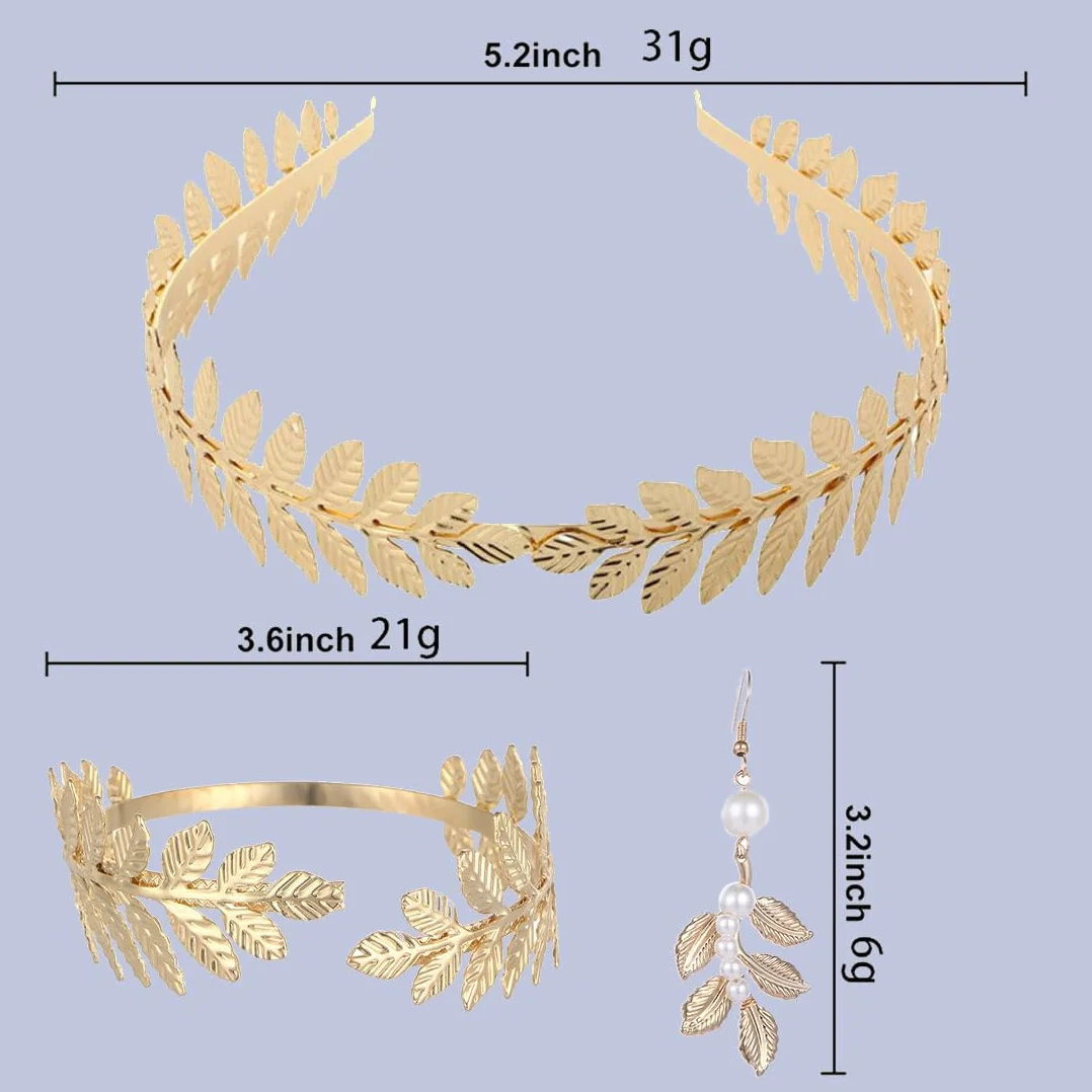 Corona Dea Tiara Orecchini Foglia Oro Perla Bracciali Boho Accessori per Capelli Foglie Corone Romane per Matrimonio