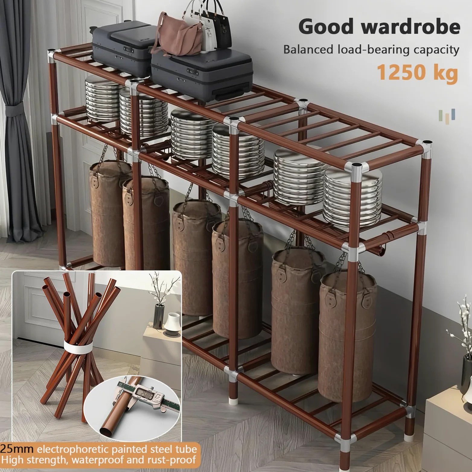 Armadio in Tessuto, Armadio Salvaspazio Guardaroba, Armadio Portatile Grigio, Armadio Guardaroba per Camera da Letto, Tubo in Acciaio per Elettroforesi Verniciato da 25 mm, 200 x 46 x 170 cm