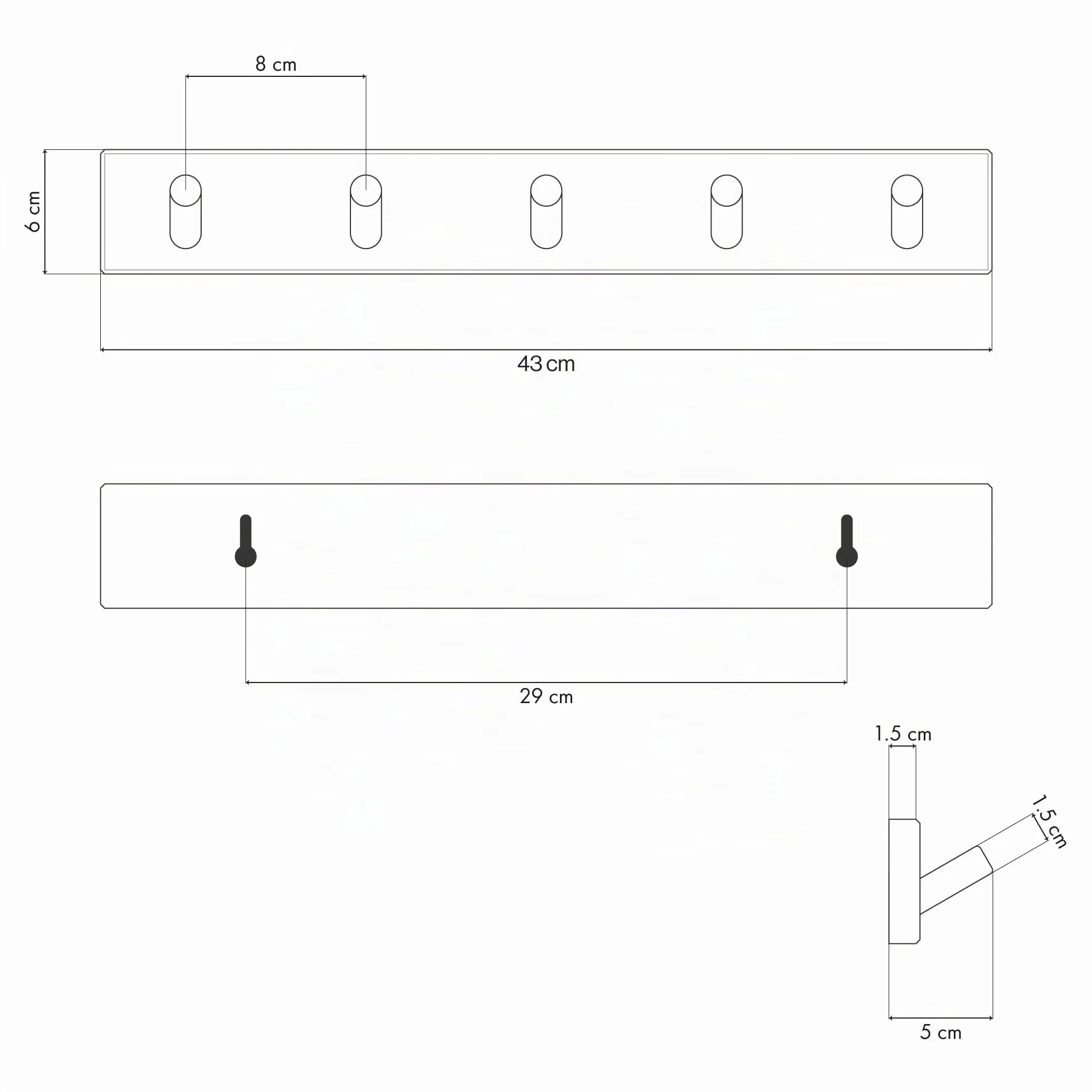 Appendiabiti da Parete Legno 5 Ganci 43 cm Moderno LARHN