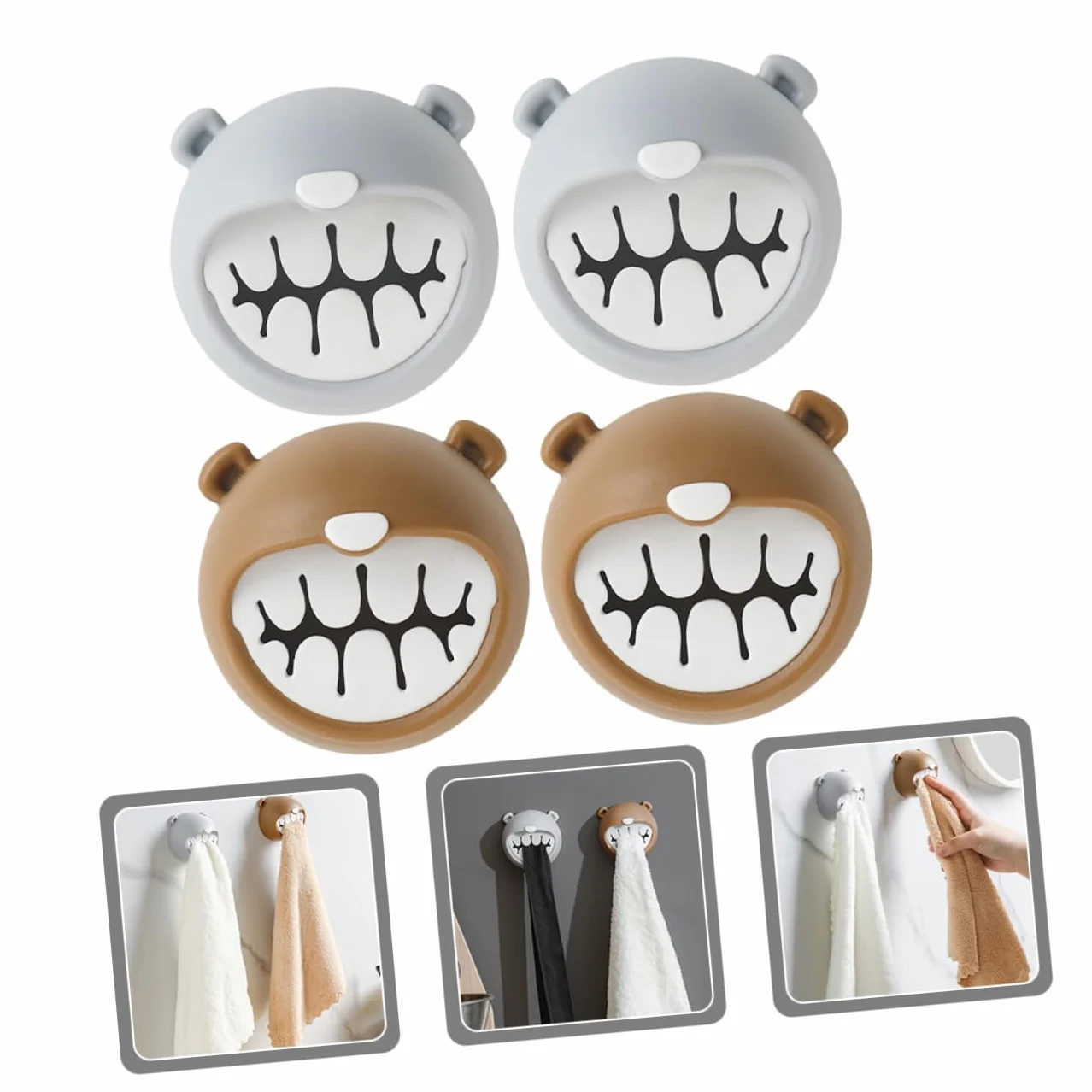 Ganci Portasciugamani Adesivi Set 4 Pezzi Orsetto Decorativo Parete Grigio Marrone