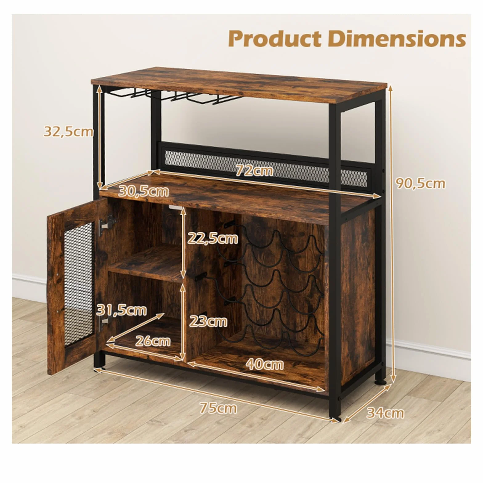 GIANTEX Mobile Porta Vino con 3 Portabicchieri e 9 Scomparti per Bottiglie, Kit Antiribaltamento, Design Industriale per Soggiorno, Sala da Pranzo, Cucina e Bar, Marrone