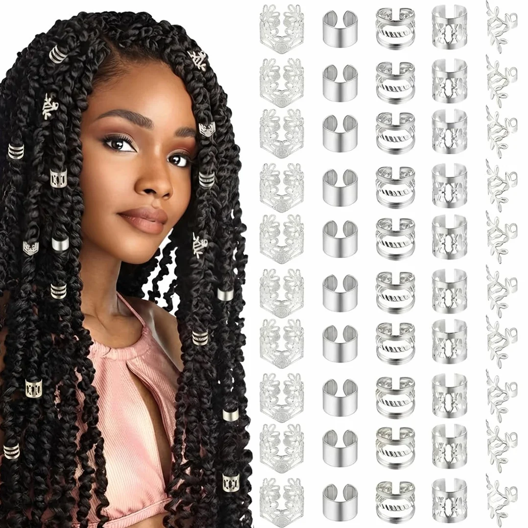 Accessori per Dreadlocks Regolabili 50 Pezzi, Spirali per Capelli, Clip per Locs, Decorazioni Argento