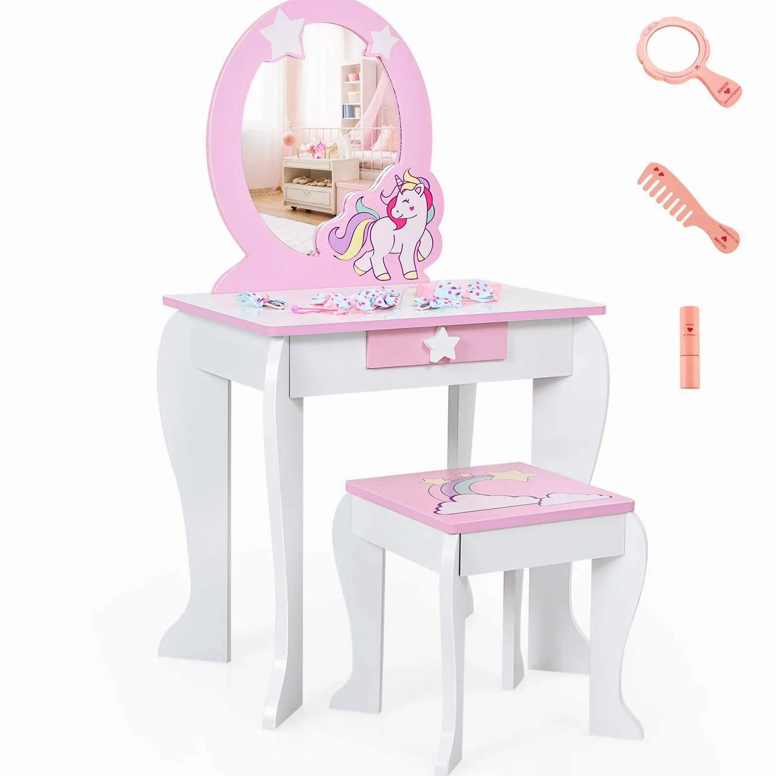 COSTWAY Set Toeletta per Ragazza, Toeletta Trucco per Bambini con Sgabello, Specchio Staccabile e Cassetto, Postazione Trucco in Legno per Cameretta 49.5 x 35.5 x 89cm (Bianco)