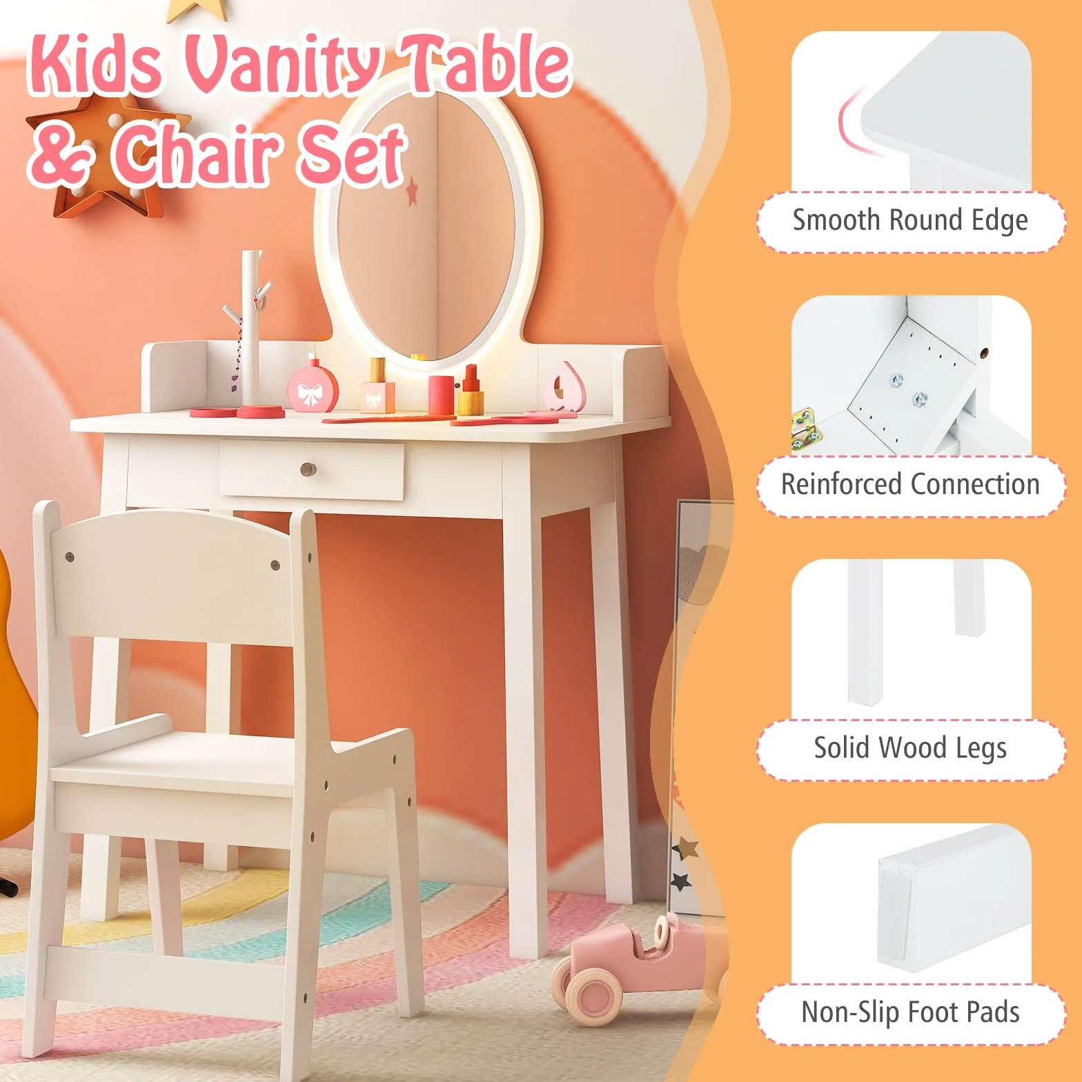 LIFEZEAL Toeletta per Bambini con Sedia e Specchio LED a 2 Colori, Tavolo da Trucco per Ragazze con Cassetto e Organizer a Forma di Albero, Set da Scrivania per Bambini dai 3 a 8 Anni