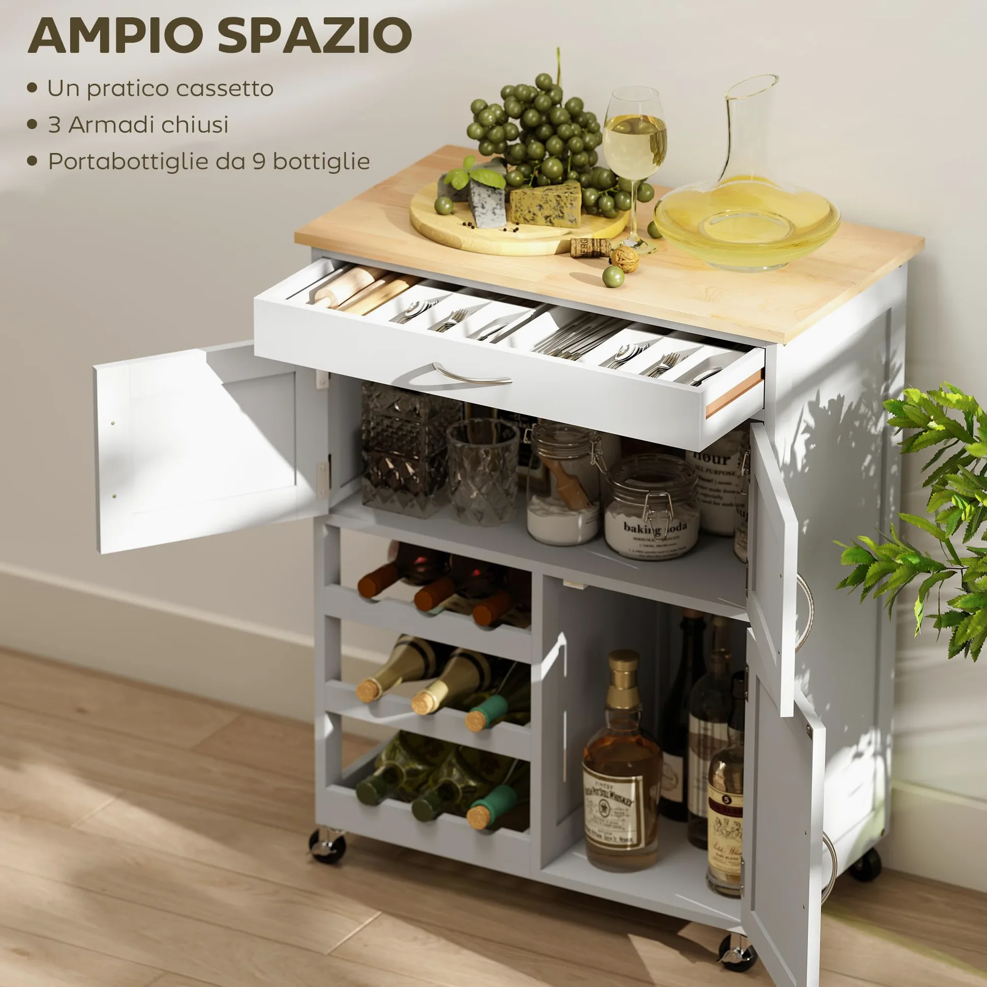 HOMCOM Carrello da Cucina con 9 Portabottiglie, 3 Ante, 4 Ruote e Cassetto, Mobiletto Cucina Salvaspazio con Piano in Legno di Gomma, per Soggiorno, 67x37x87 cm, Bianco e Rovere
